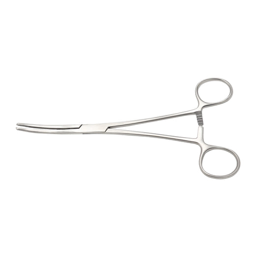 A pair of curved Rochester-Carmalt hemostatic forceps made of medical-grade stainless steel, featuring longitudinal serrations with cross-hatched tips and a multi-position ratchet locking handle.