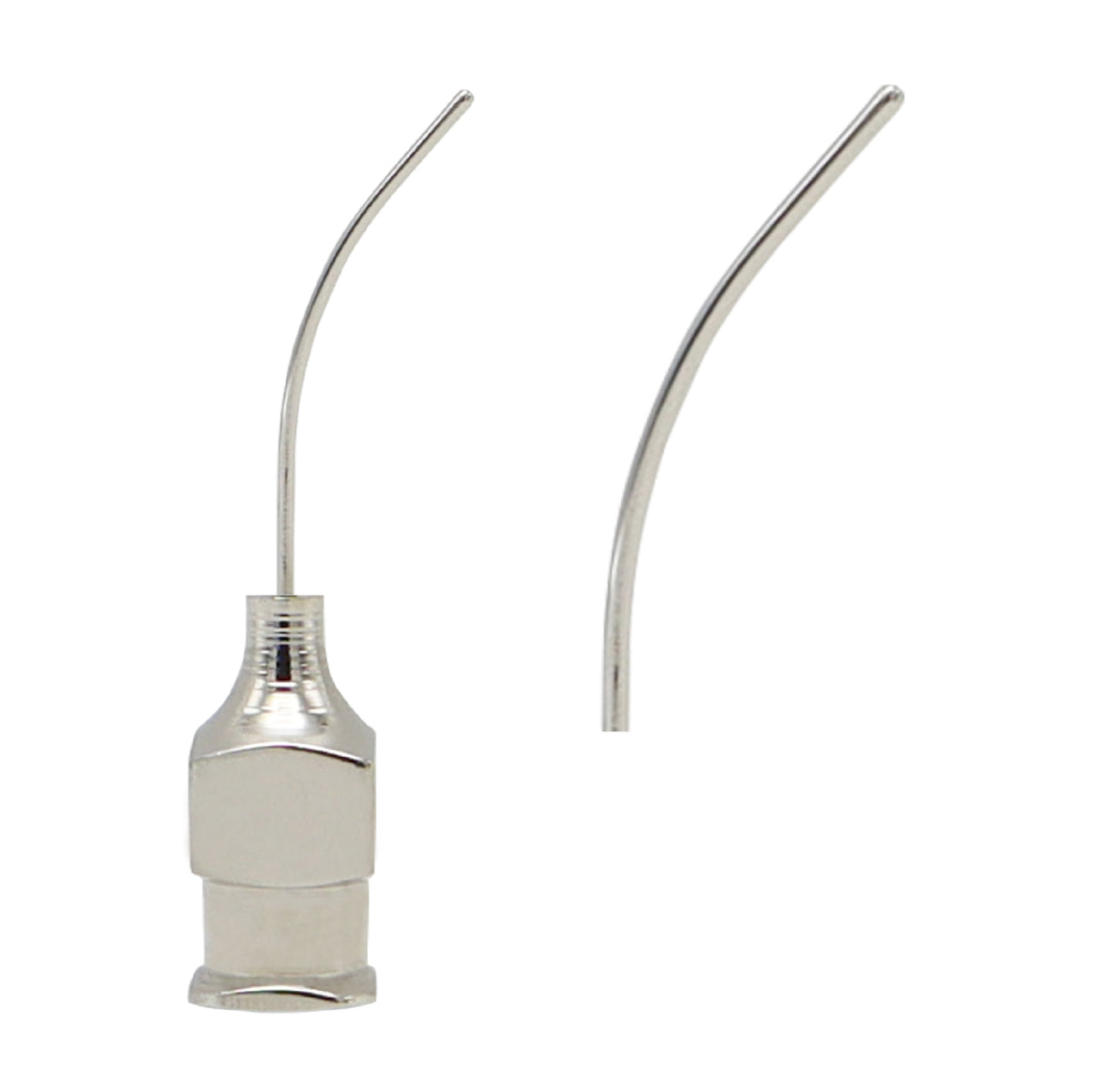 Curved stainless steel dispensing needle with a reusable chrome-plated metal Luer lock hub, shown next to a separate curved blunt tip cannula.