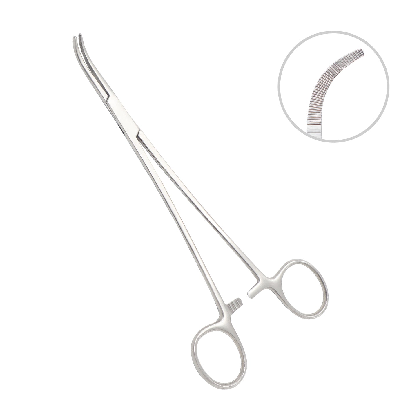 Curved hemostatic artery forceps with serrated jaws and ratchet locking mechanism, stainless steel surgical instrument.