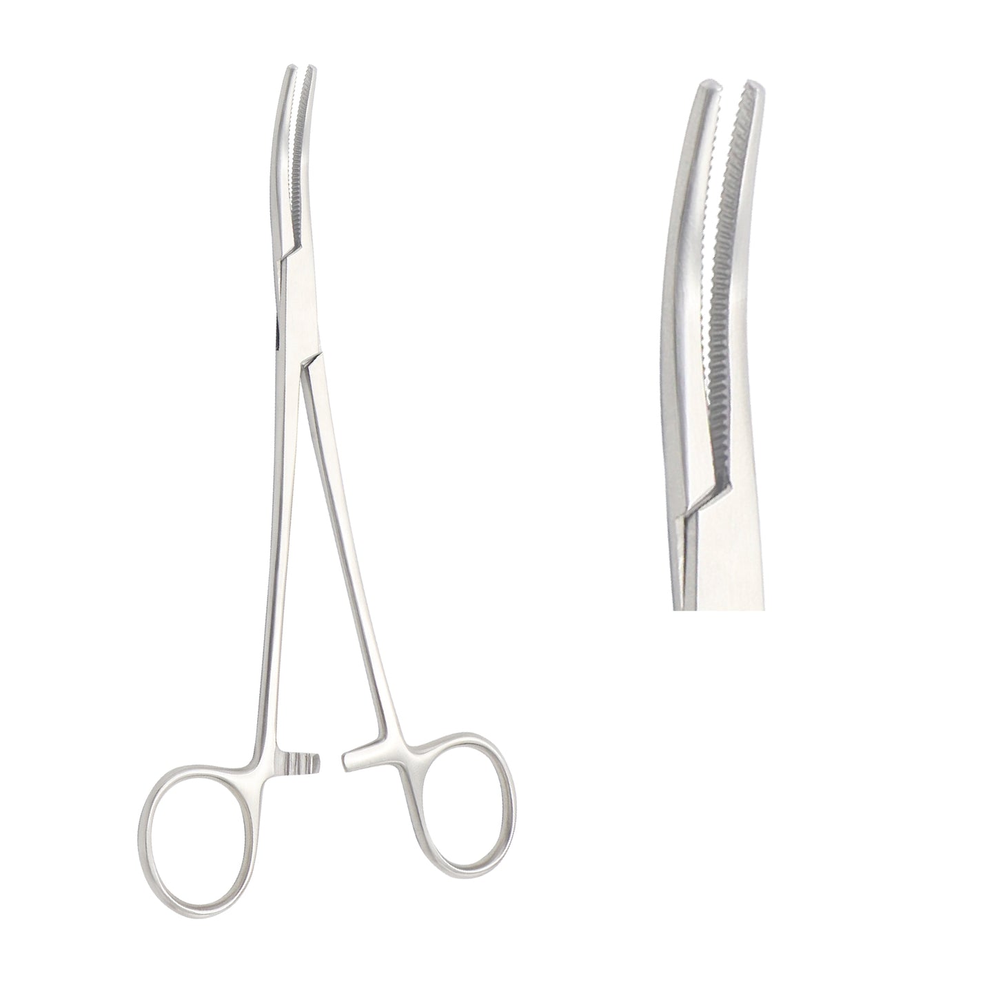Curved hemostatic artery forceps with transverse serrated jaws, a ratchet locking mechanism, and finger-ring handles, displayed in full-length and detailed jaw views for surgical hemostasis.