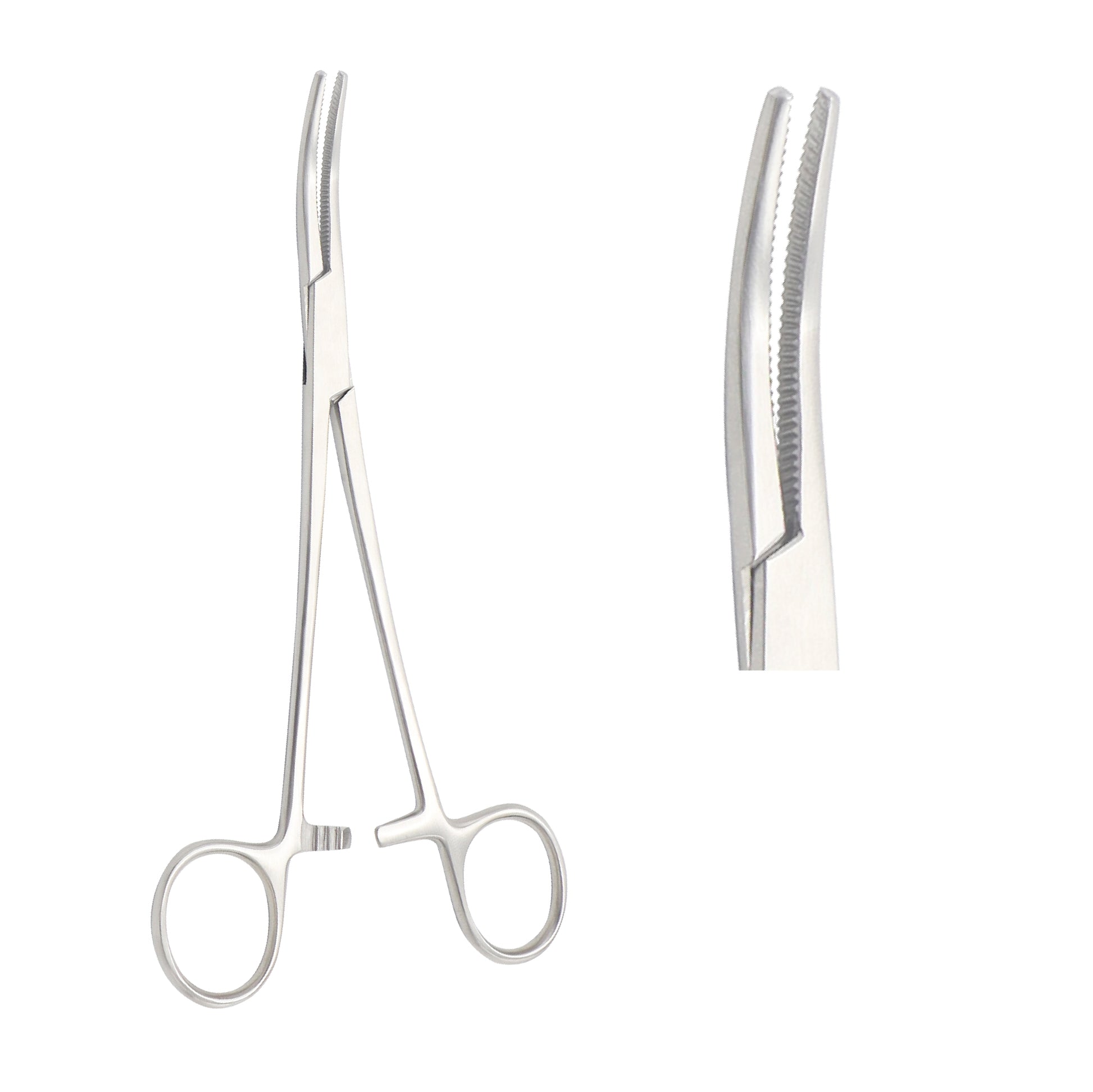 Curved hemostatic artery forceps with transverse serrated jaws, a ratchet locking mechanism, and finger-ring handles, displayed in full-length and detailed jaw views for surgical hemostasis.