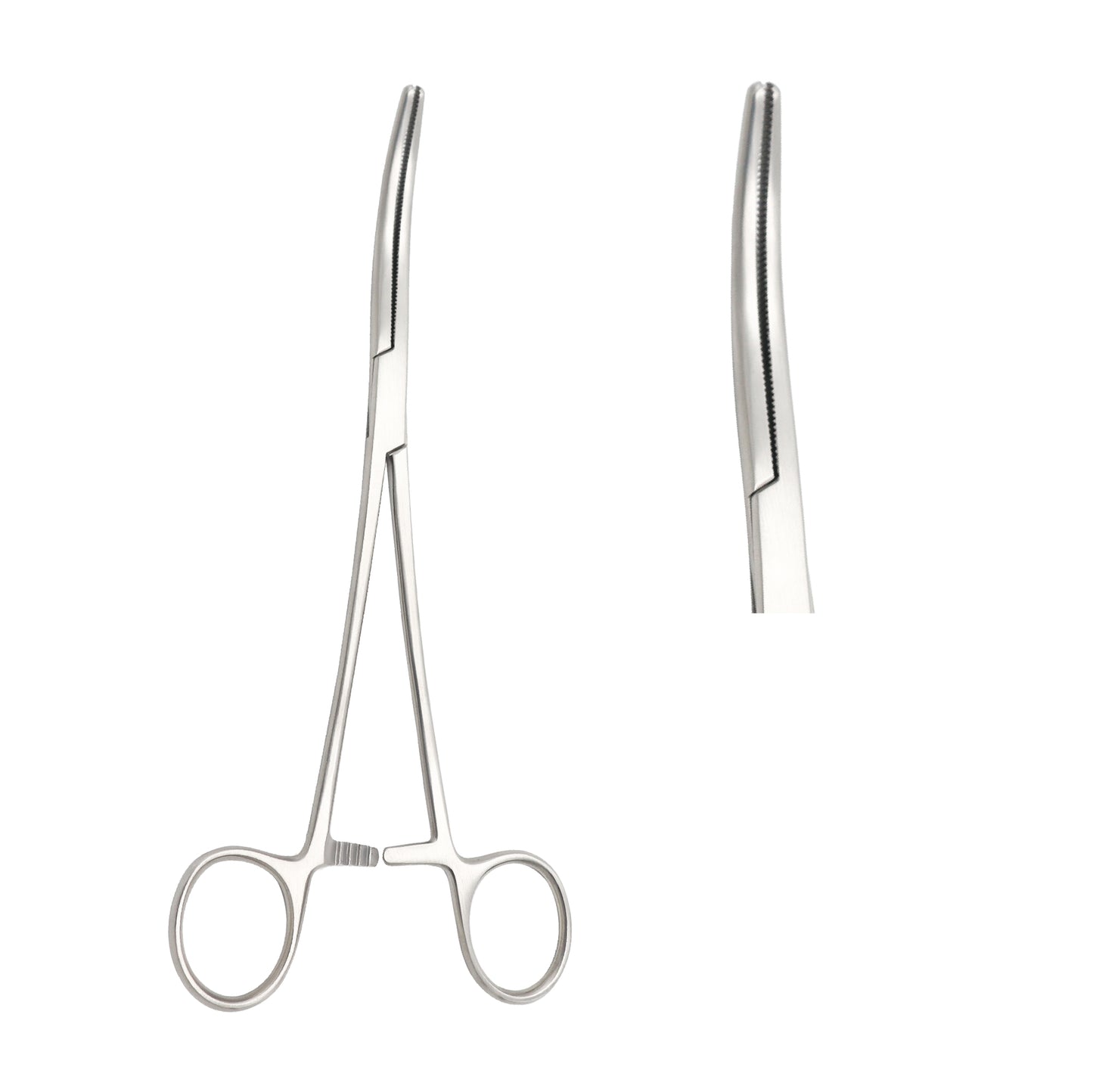 Curved hemostatic artery forceps made of stainless steel with serrated jaws and a locking ratchet handle for surgical use.