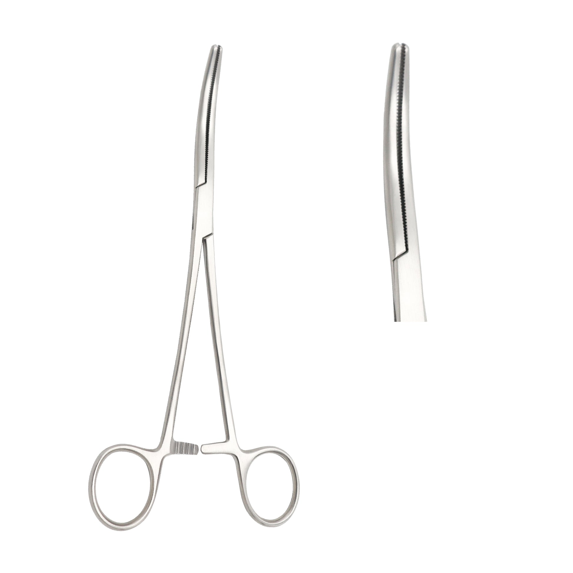 Curved hemostatic artery forceps made of stainless steel with serrated jaws and a locking ratchet handle for surgical use.