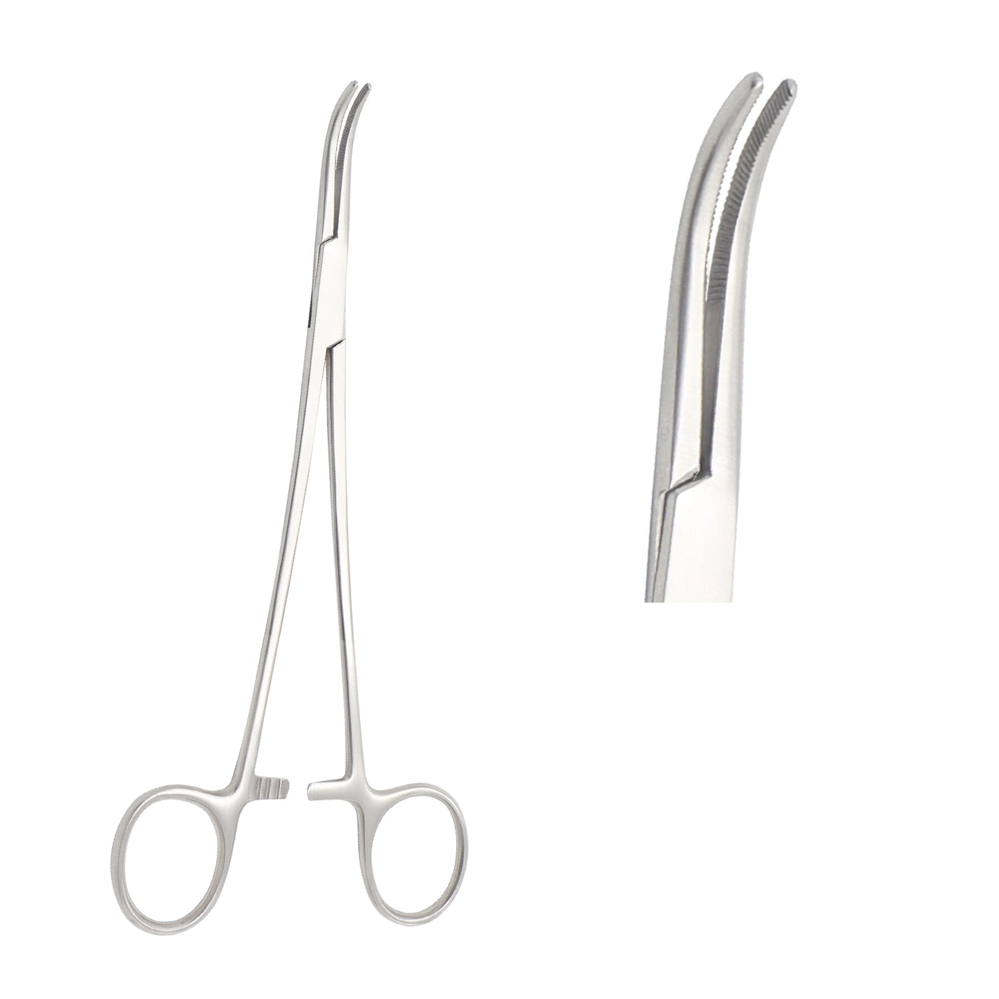 A surgical-grade stainless steel hemostatic forcep featuring curved serrated jaws and a locking ratchet handle for secure clamping.