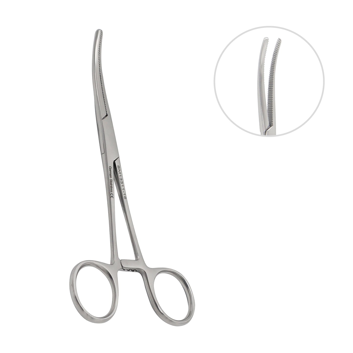 Curved stainless steel hemostatic forceps with ratcheted locking handles and serrated jaws for surgical use.