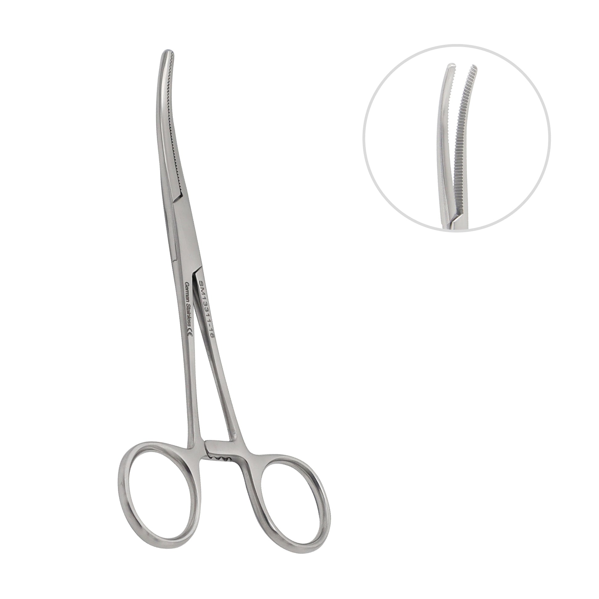 Curved stainless steel hemostatic forceps with ratcheted locking handles and serrated jaws for surgical use.