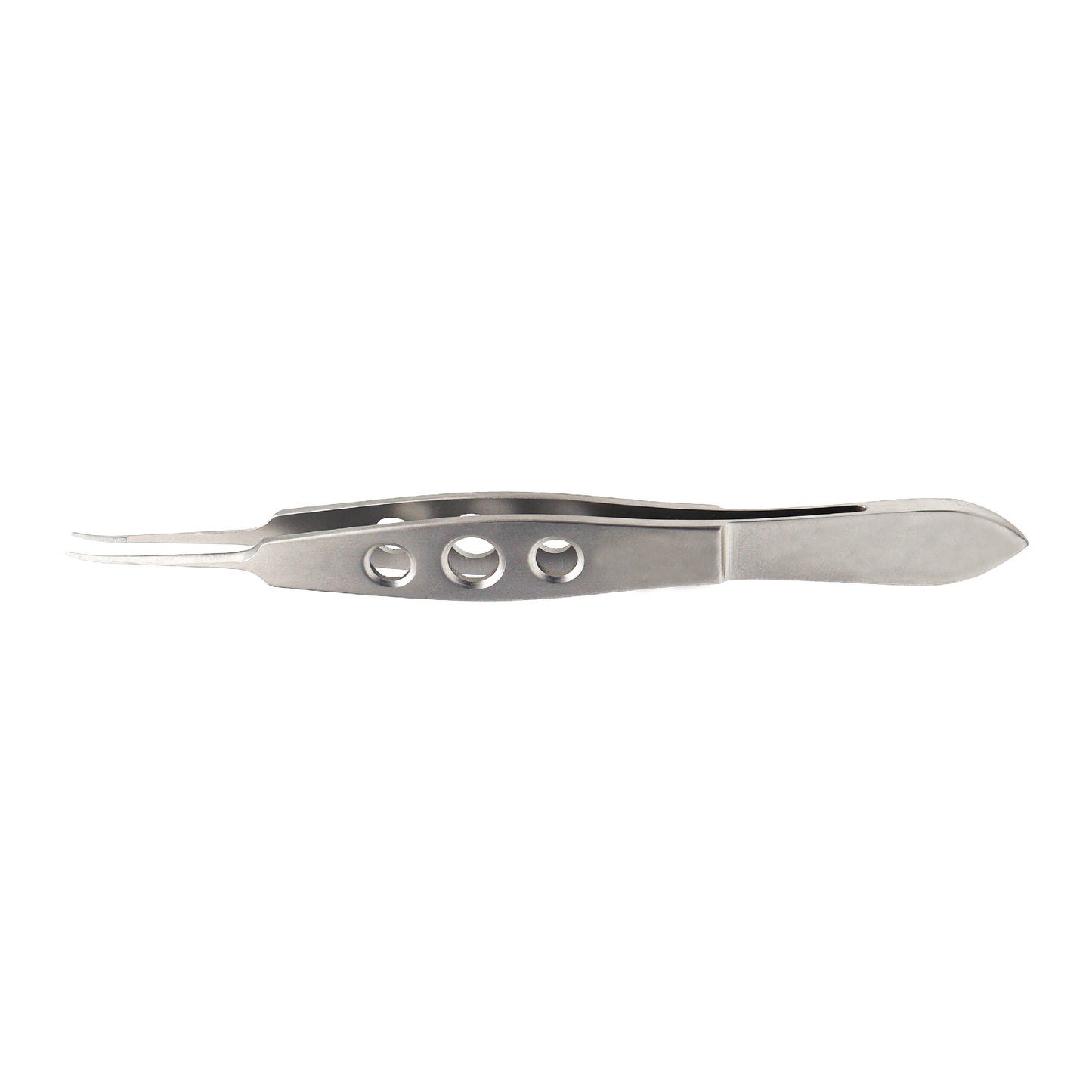 A curved Jaffe tying forceps made of stainless steel with a 0.5 x 6 mm tying platform.