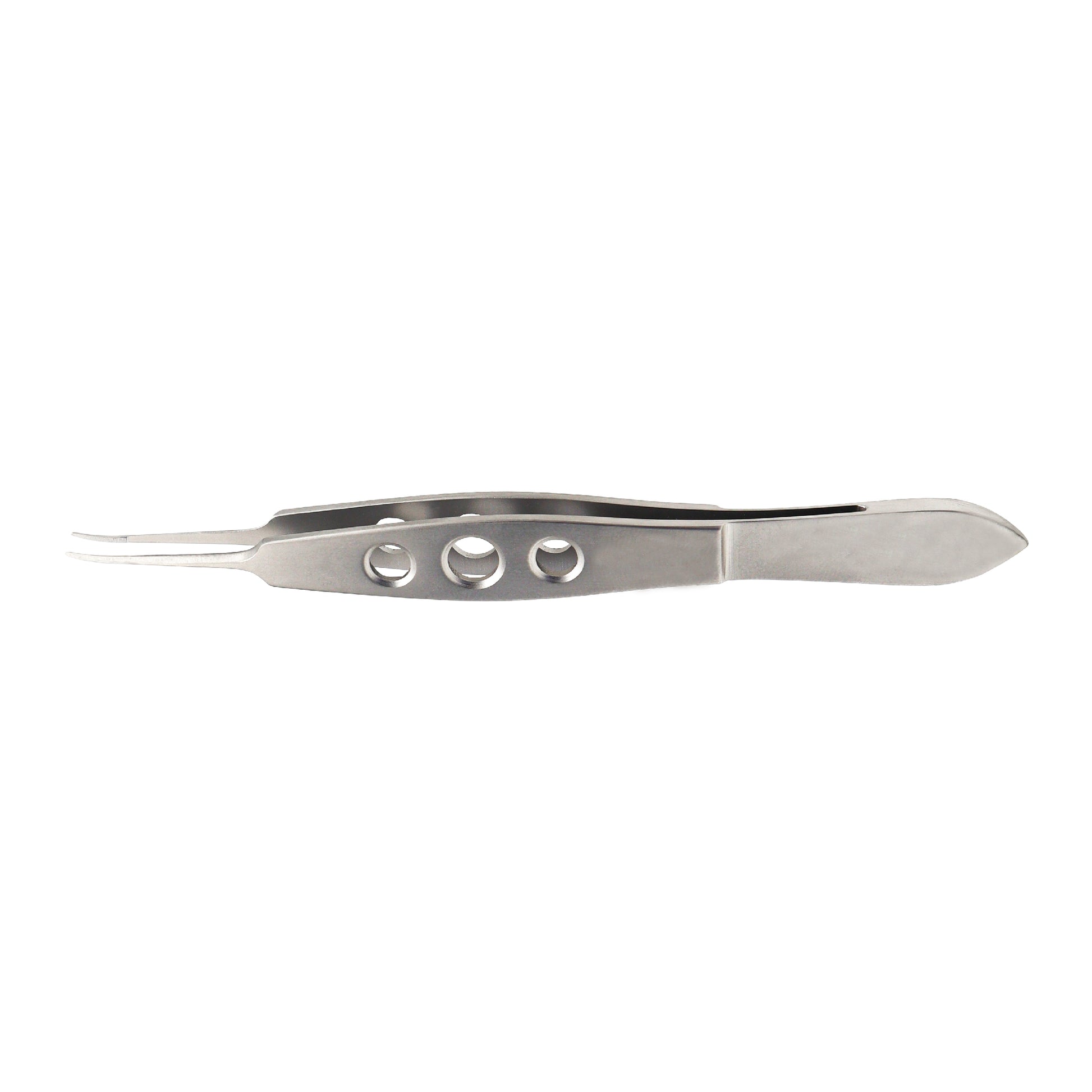 A curved Jaffe tying forceps made of stainless steel with a 0.5 x 6 mm tying platform.
