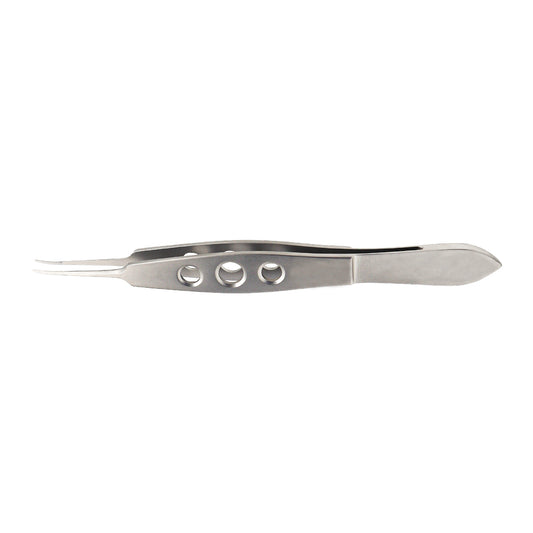 A curved Jaffe tying forceps made of stainless steel with a 0.5 x 6 mm tying platform.