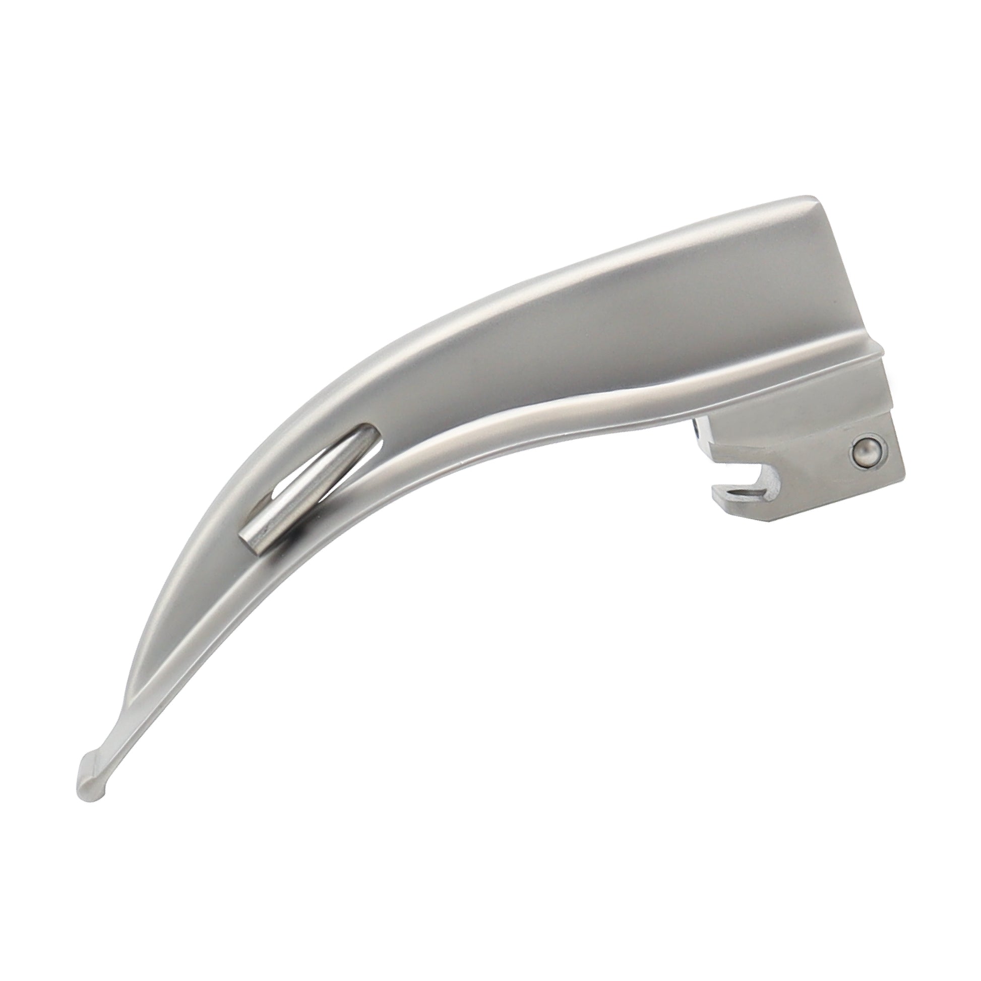 Side view of a curved Macintosh fiber optic laryngoscope blade made of medical-grade stainless steel for tracheal intubation.