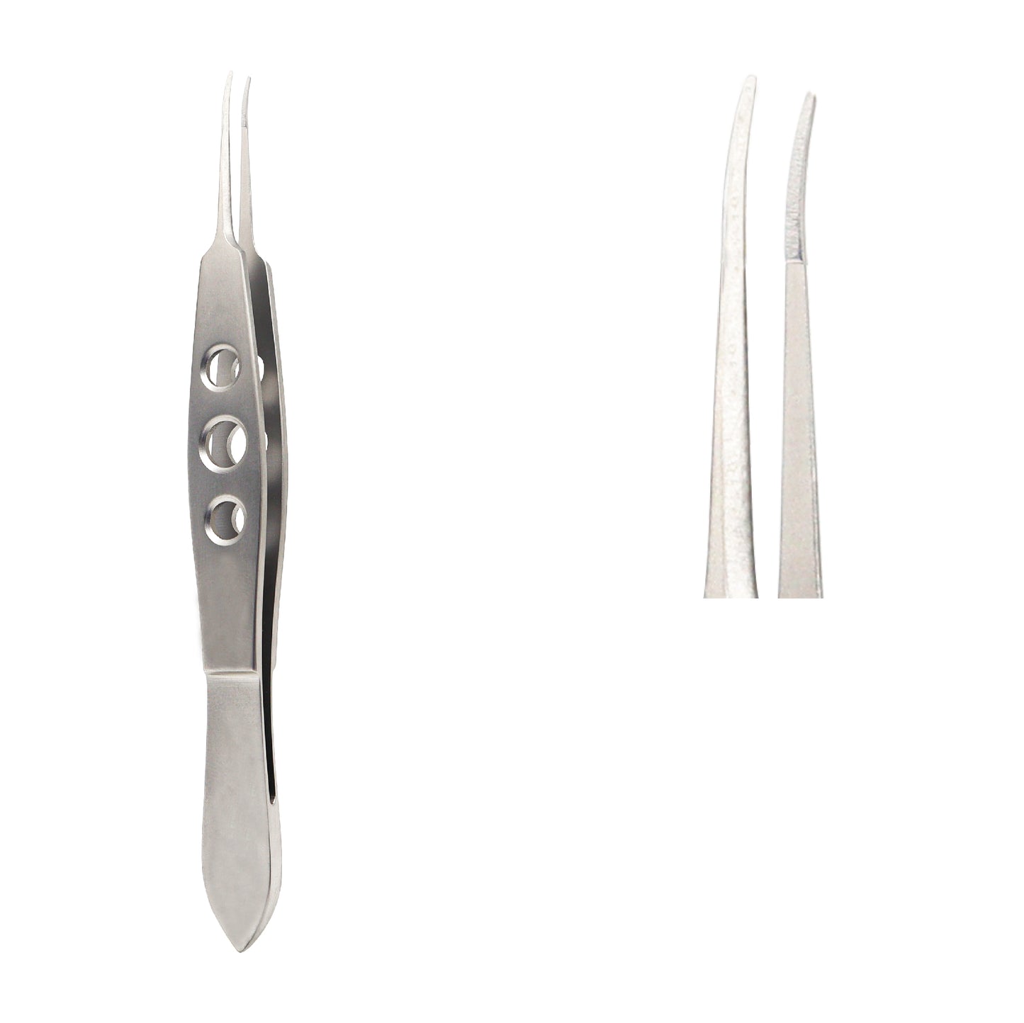 Stainless steel Jaffe curved tying forceps with 0.5 x 6 mm platform used for delicate microsurgical procedures