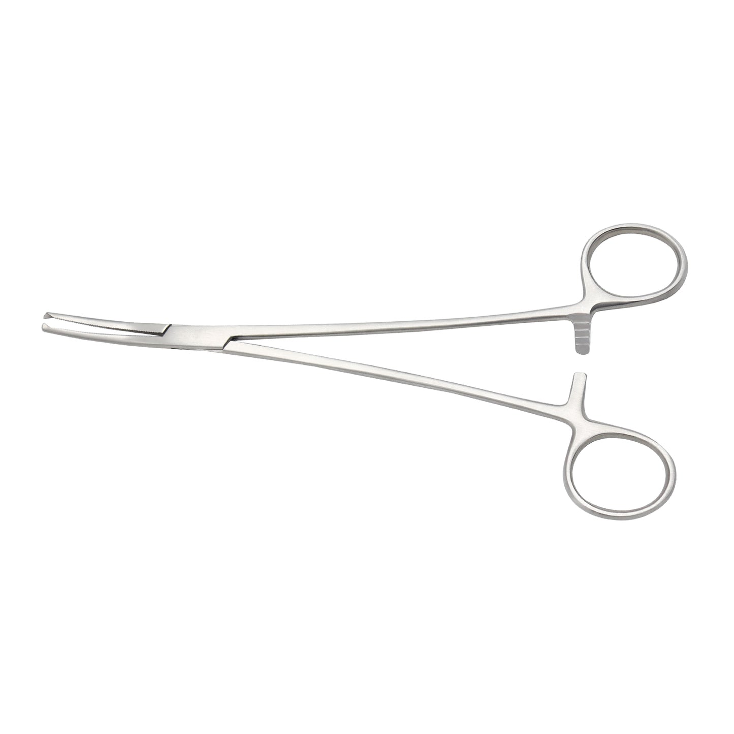 A pair of curved Rochester-Ochsner hemostatic forceps made of medical-grade stainless steel with serrated jaws and a self-locking ratchet mechanism for secure tissue grasping and clamping.