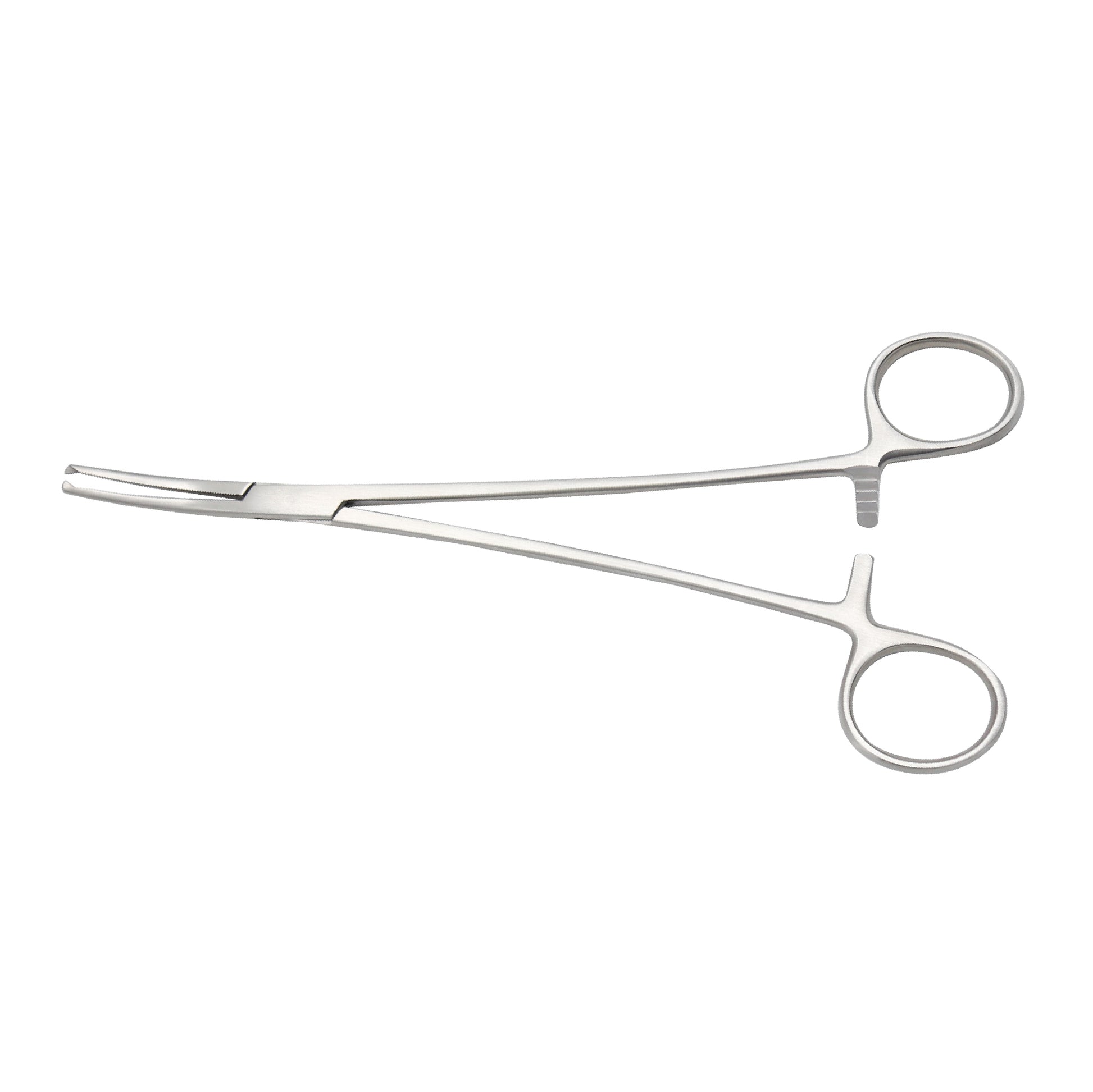 A pair of curved Rochester-Ochsner hemostatic forceps made of medical-grade stainless steel with serrated jaws and a self-locking ratchet mechanism for secure tissue grasping and clamping.