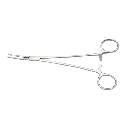A pair of curved Rochester-Ochsner hemostatic forceps made of medical-grade stainless steel with serrated jaws and a self-locking ratchet mechanism for secure tissue grasping and clamping.