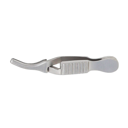 A curved stainless steel Dieffenbach Serrefine, designed for medical use, with an overall length of 4.5cm.