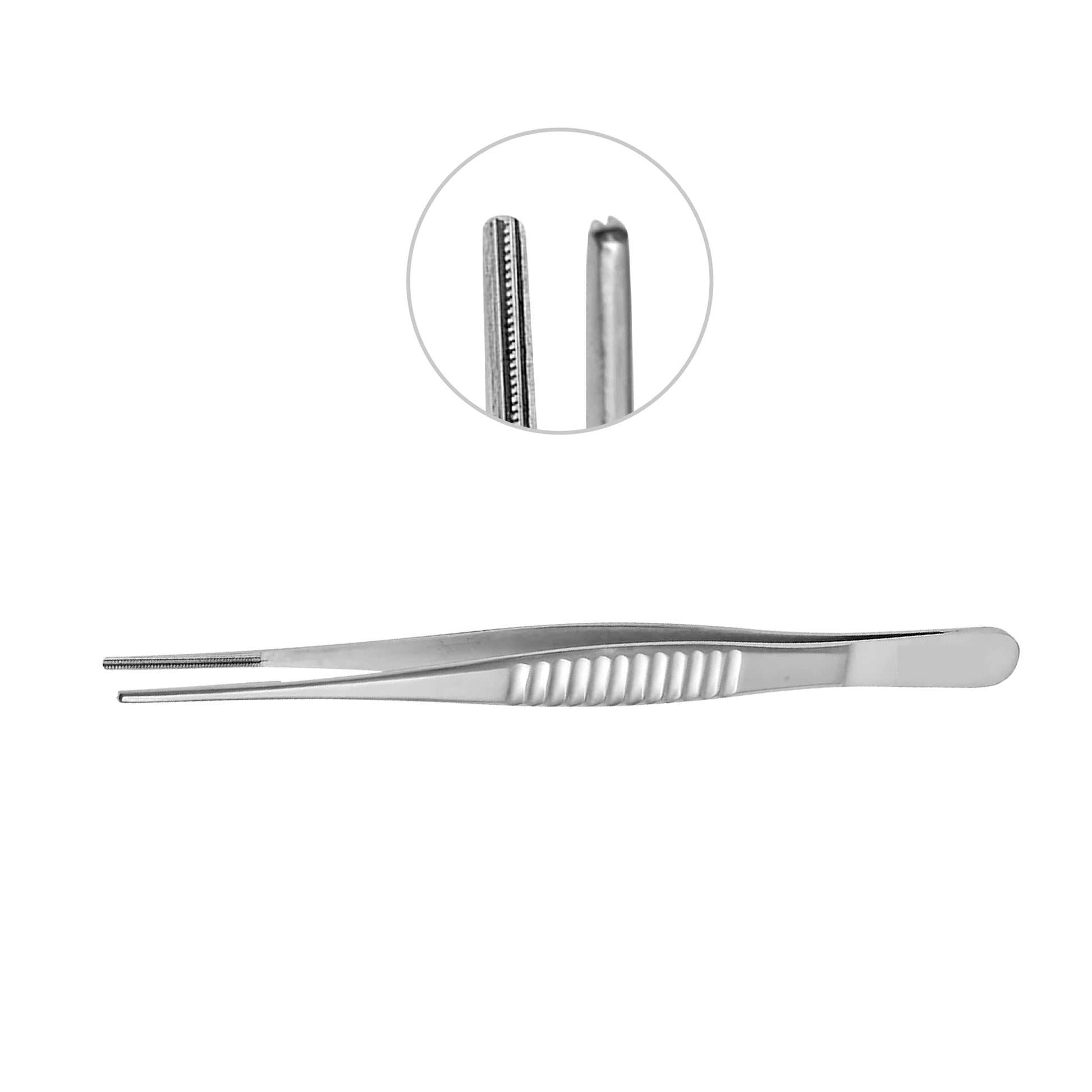 DeBakey Atraumatic Tissue Forceps made of medical-grade stainless steel, featuring a straight profile with ribbed handles and a detailed close-up of the specialized 1x2 atraumatic serrated tips.
