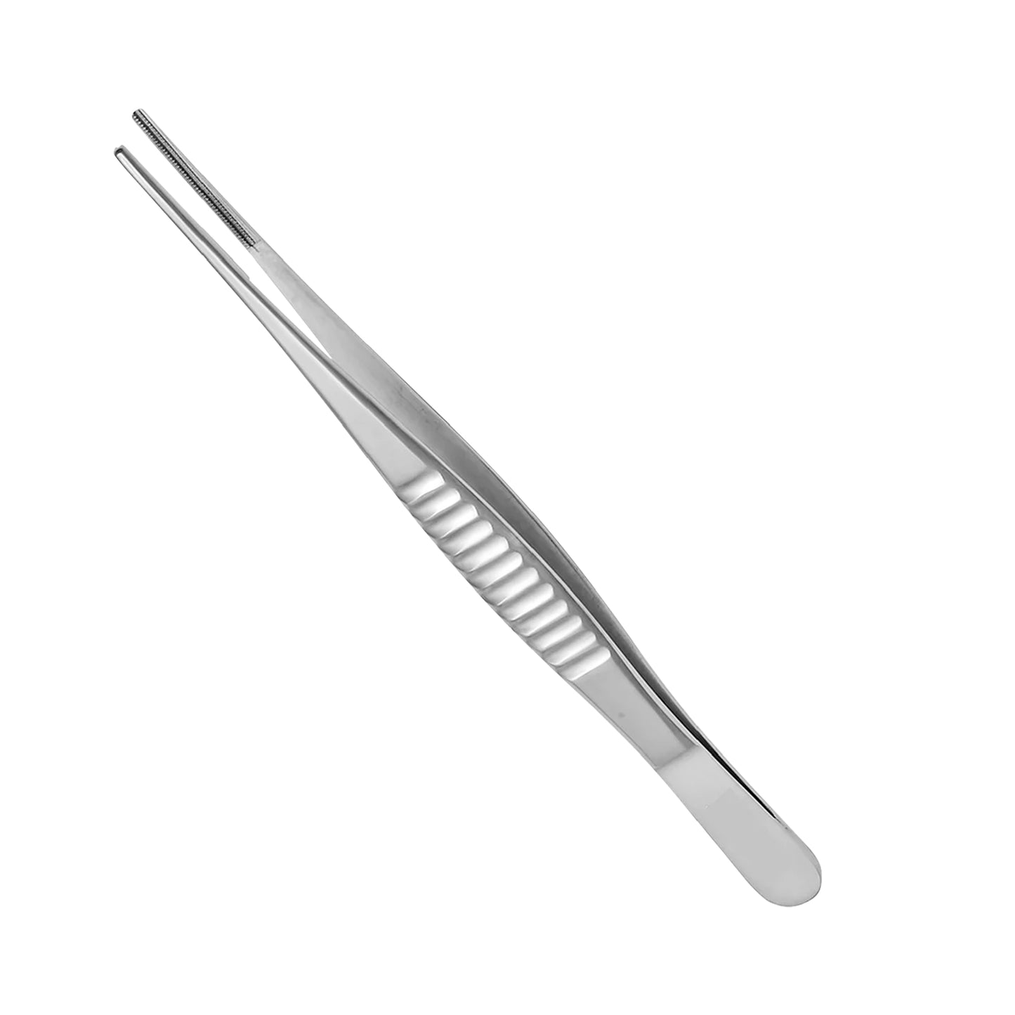 Straight DeBakey Atraumatic Tissue Forceps with fine serrated jaws and ergonomic ribbed handle for vascular and general surgery.