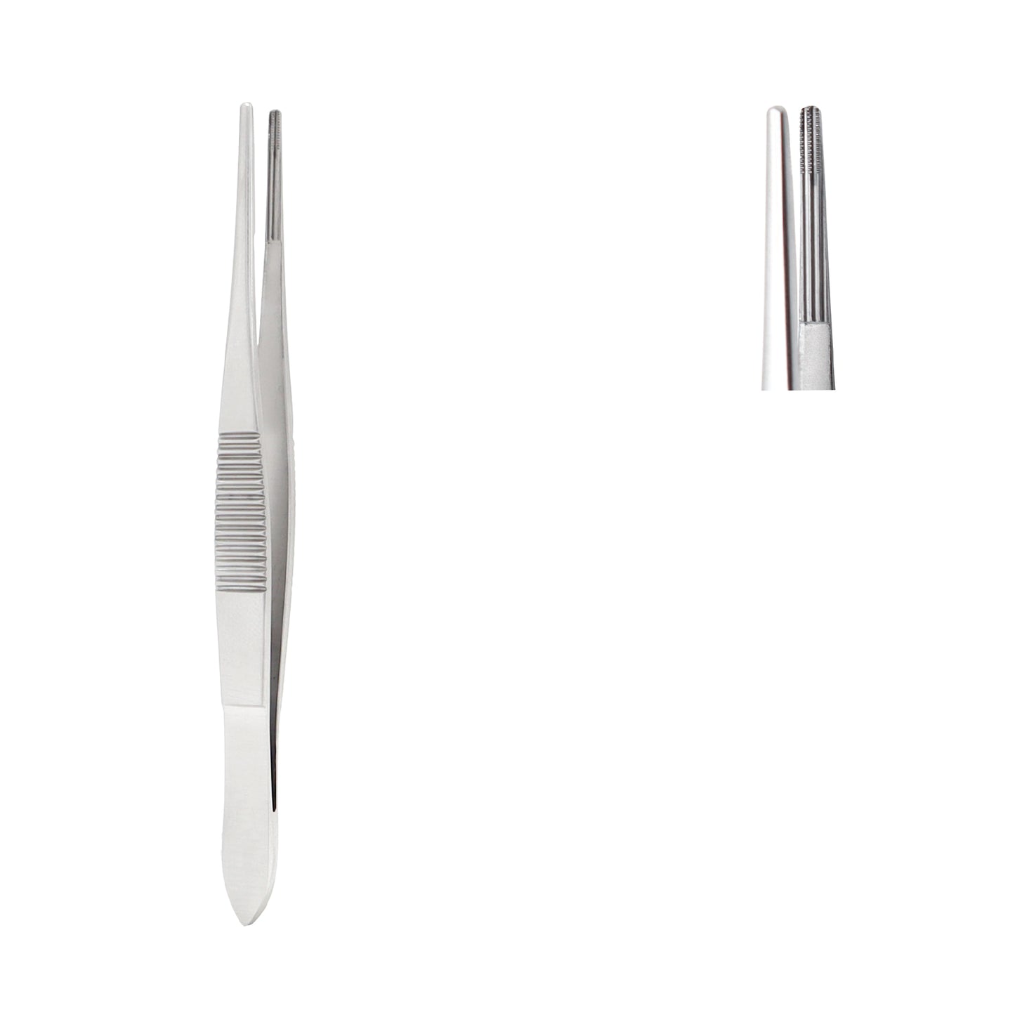 Straight stainless steel DeBakey atraumatic tissue forceps with fine longitudinal serrations on the tips, shown against a white background.