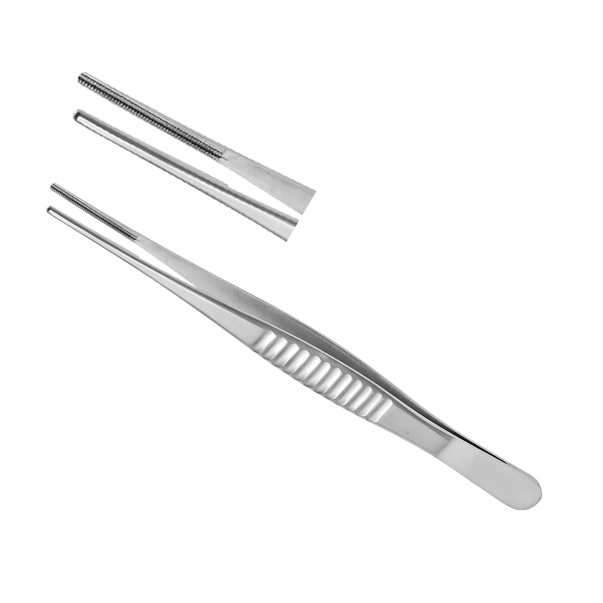 Straight DeBakey Vascular Tissue Forceps with fine 1.5mm atraumatic serrated tips and a textured flat handle for surgical procedures.