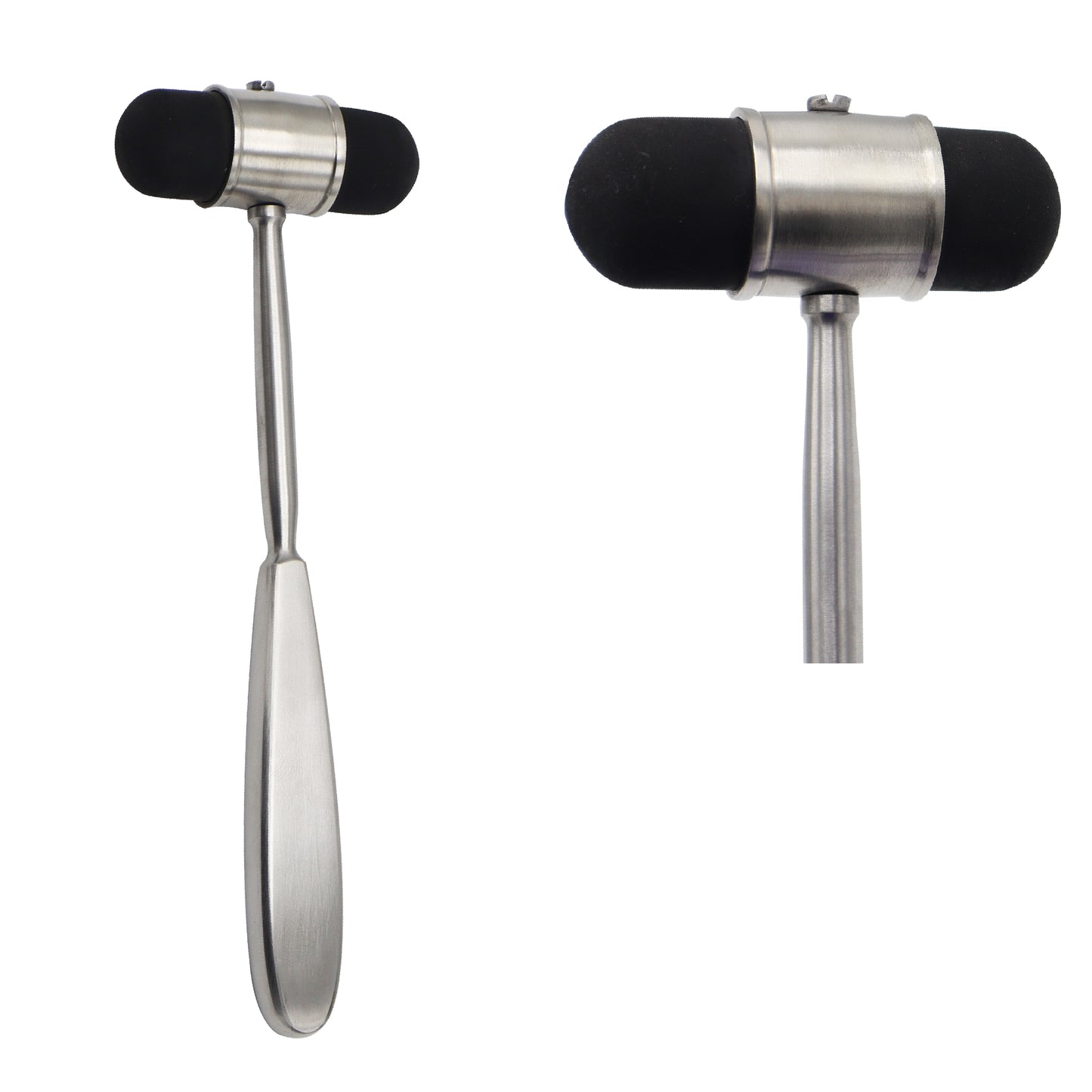 Stainless steel Dejerine neurological reflex hammer with a dual-sided black rubber head shown in full length and a close-up cropped view.