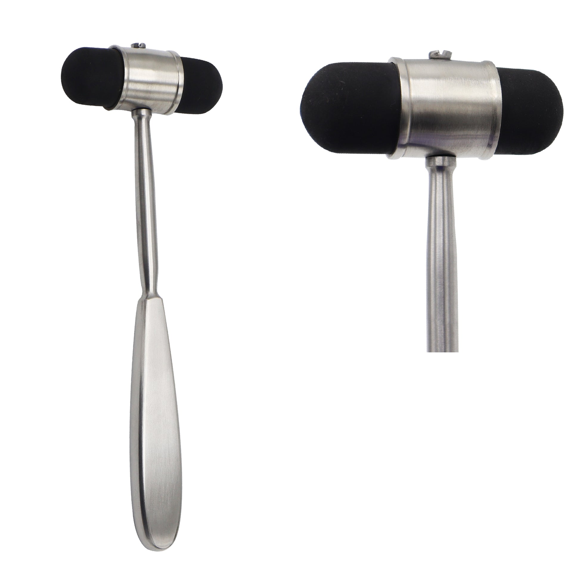 Stainless steel Dejerine neurological reflex hammer with a dual-sided black rubber head shown in full length and a close-up cropped view.