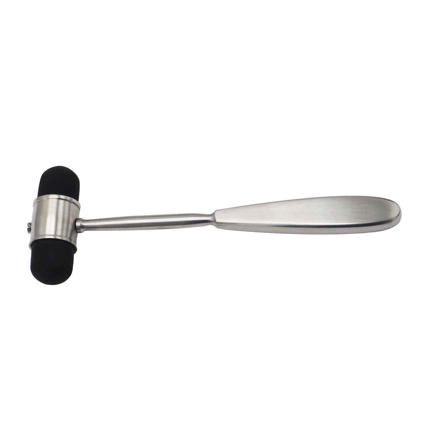 Dejerine neurological reflex percussion hammer with a dual-sided black rubber head and stainless steel handle, displayed horizontally on a clean white background.