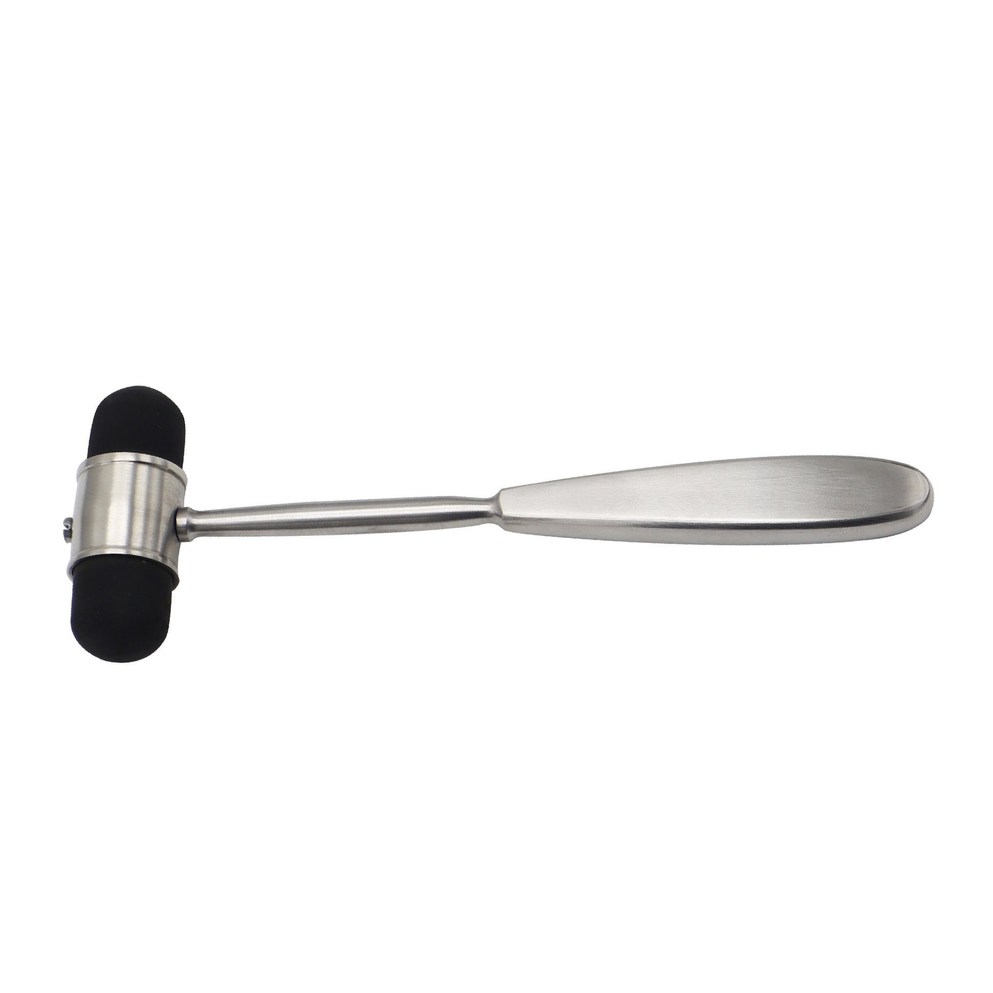Dejerine neurological reflex percussion hammer with a dual-sided black rubber head and stainless steel handle, displayed horizontally on a clean white background.