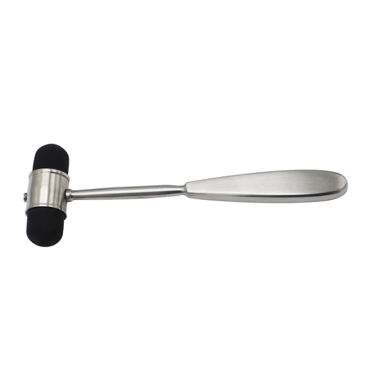 Dejerine neurological reflex percussion hammer with a dual-sided black rubber head and stainless steel handle, displayed horizontally on a clean white background.