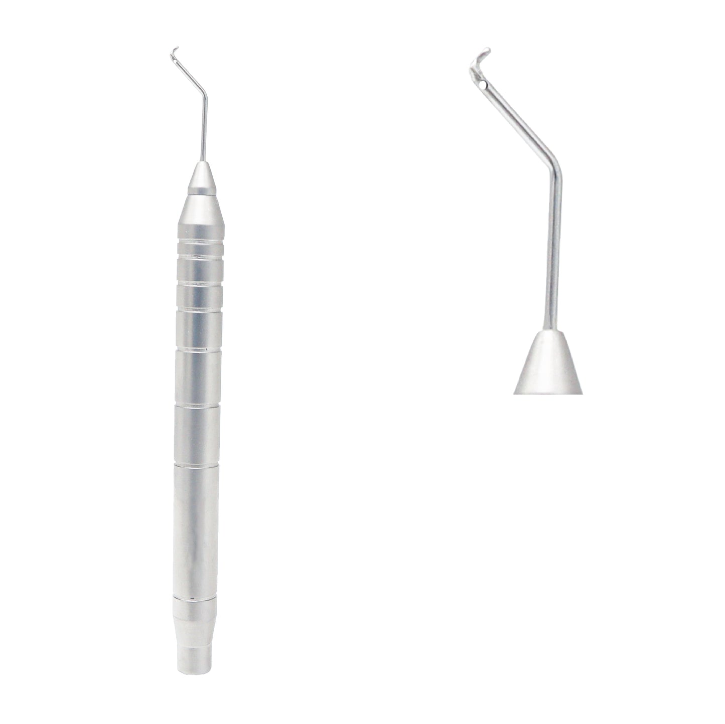 Double-ended dental composite placement and contouring instrument with a textured handle.