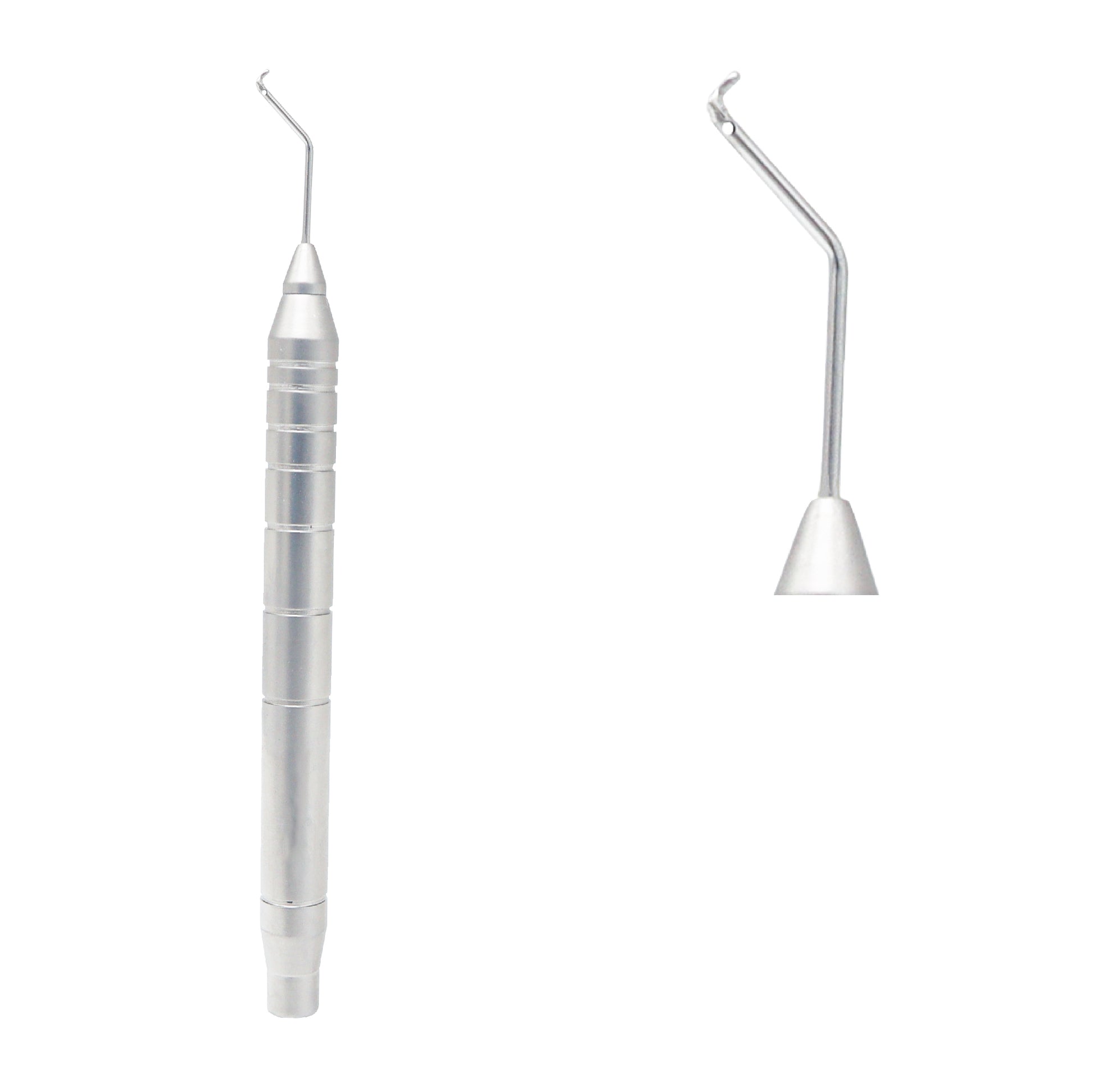 Double-ended dental composite placement and contouring instrument with a textured handle.