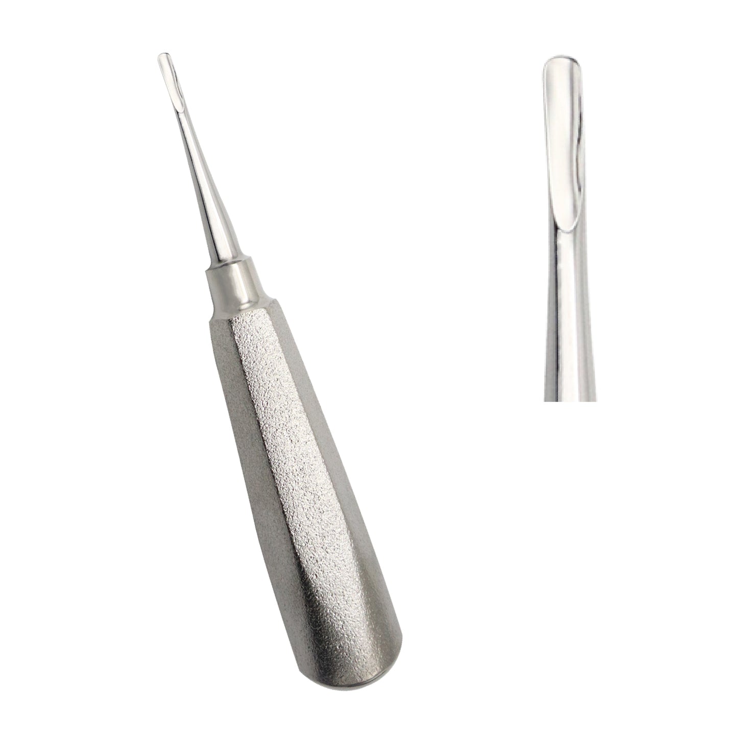 Six-piece professional dental root elevator kit on a solid white background.