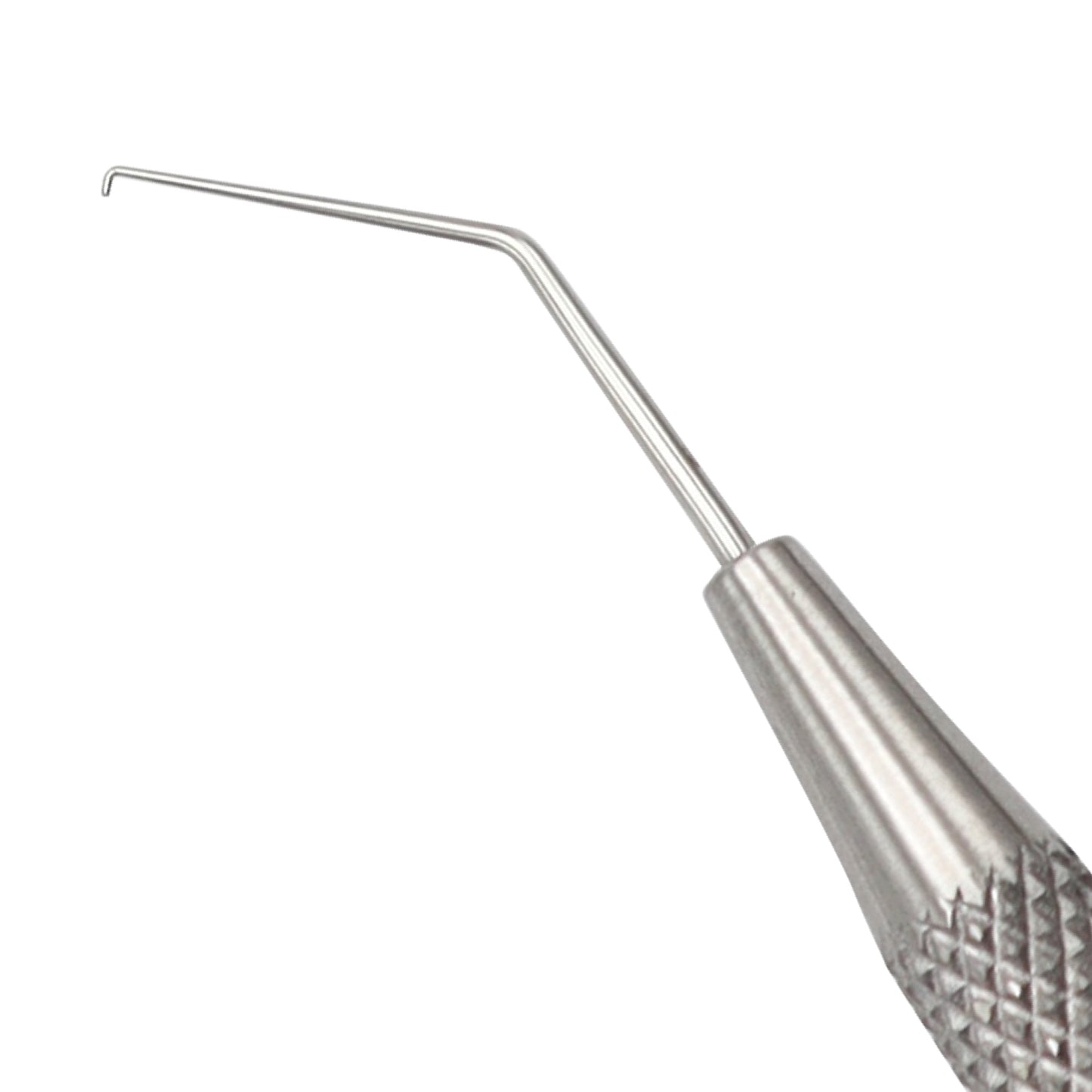 Single-ended stainless steel dental explorer probe with a 90-degree right angle hook tip and a texturized knurled handle on a white background.