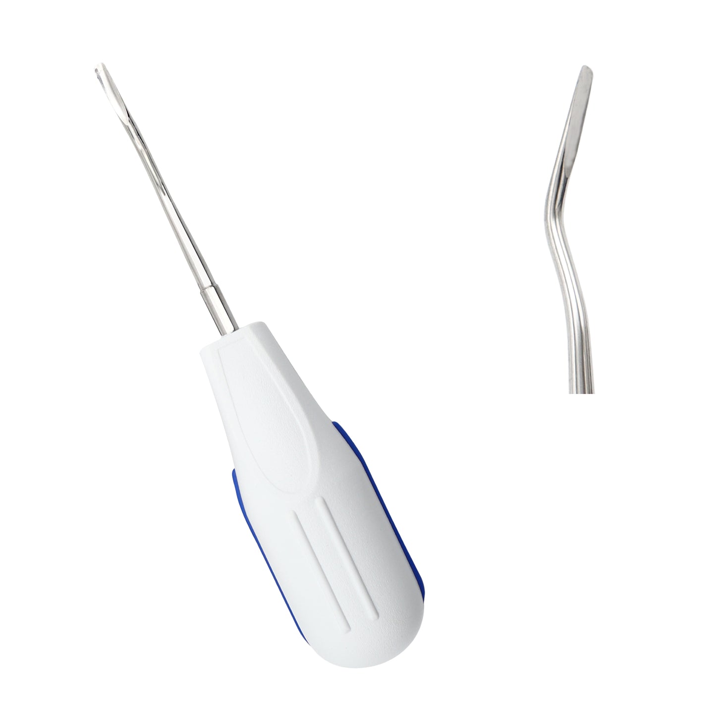 Ergonomic white and blue plastic handle dental luxating elevator with a 3mm contra-angle curved blade for atraumatic tooth extractions.