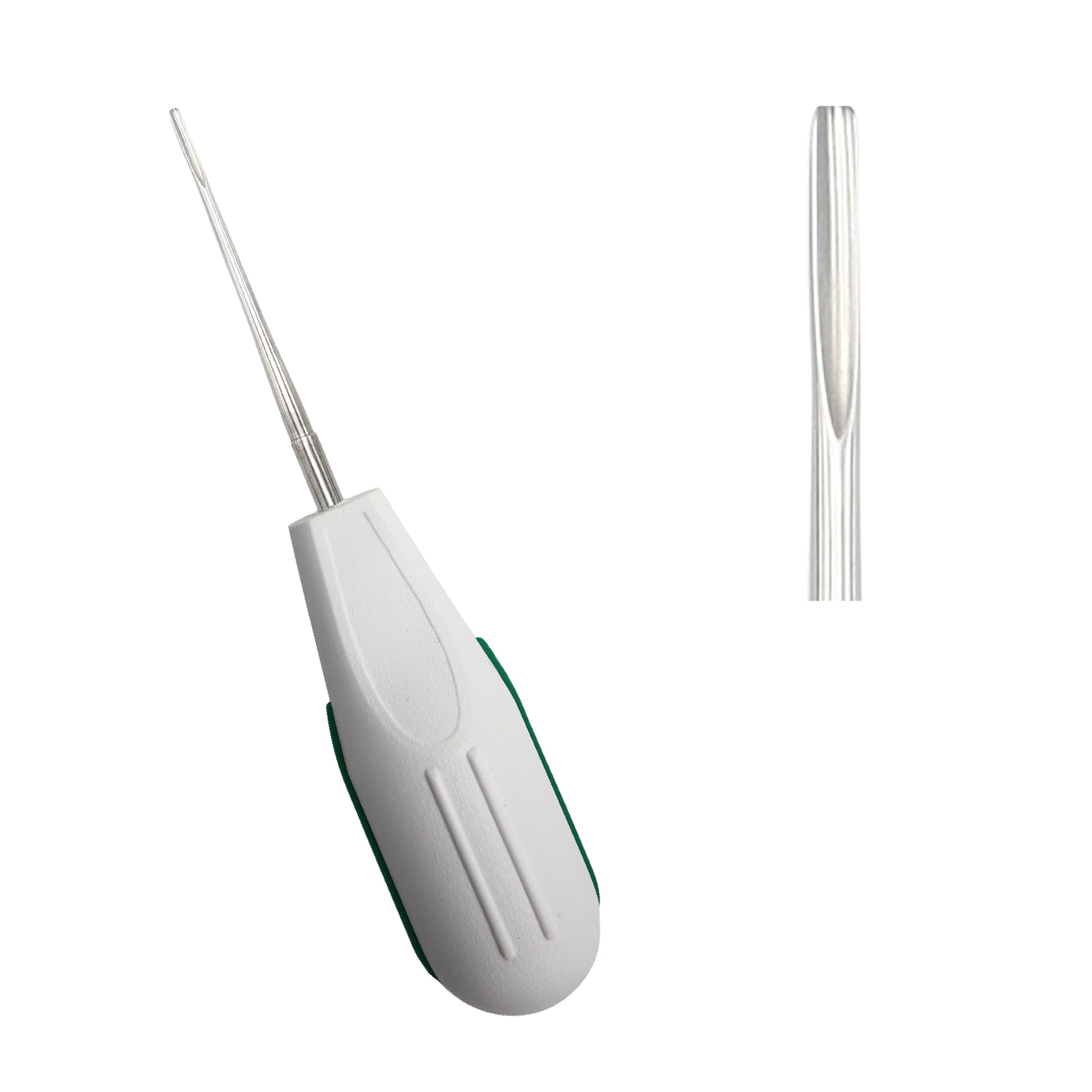 Ergonomic dental luxating periotome elevator with a white and green plastic handle alongside a close-up view of its straight surgical blade tip.