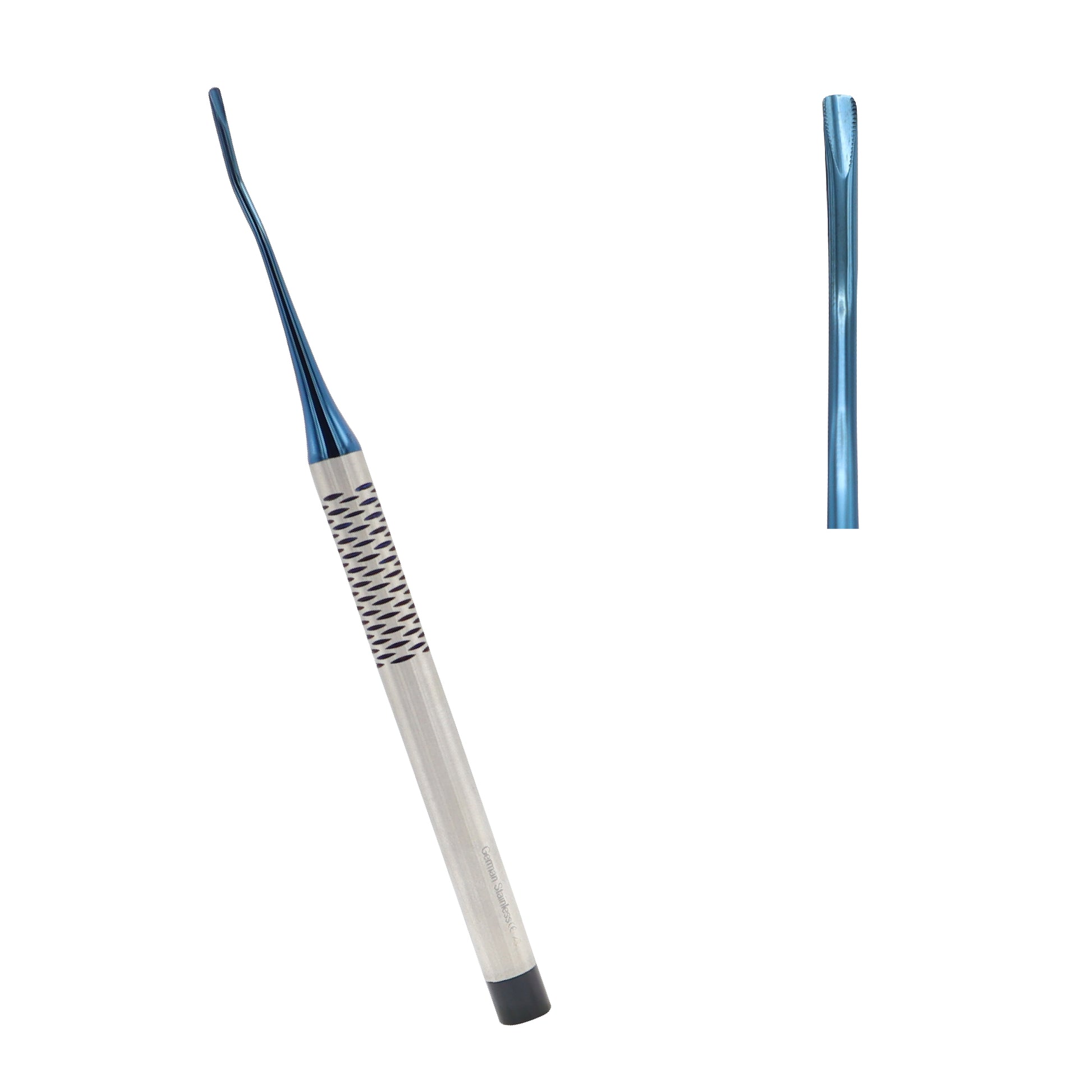A close-up view of a dental PDL luxating elevator featuring a sharp blue titanium tip and a textured metallic handle.