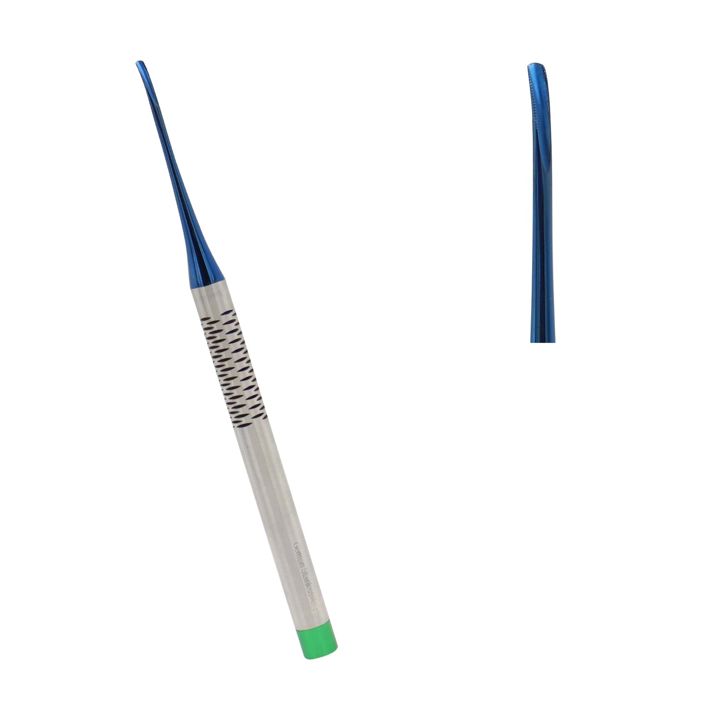 Straight dental PDL luxating elevator with a blue titanium coated tip, a knurled mesh pattern stainless steel handle, and a green color-coded bottom cap.