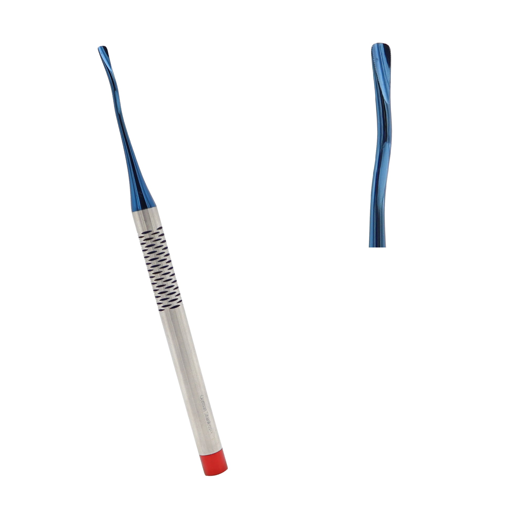 Dental PDL luxating root elevator with a blue titanium-coated surgical tip and cross-hatched textured grip stainless steel handle.