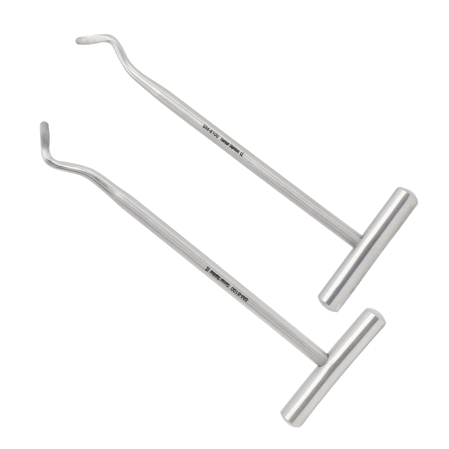 Pair of stainless steel Potts dental elevators with T-bar handles on a plain white background.