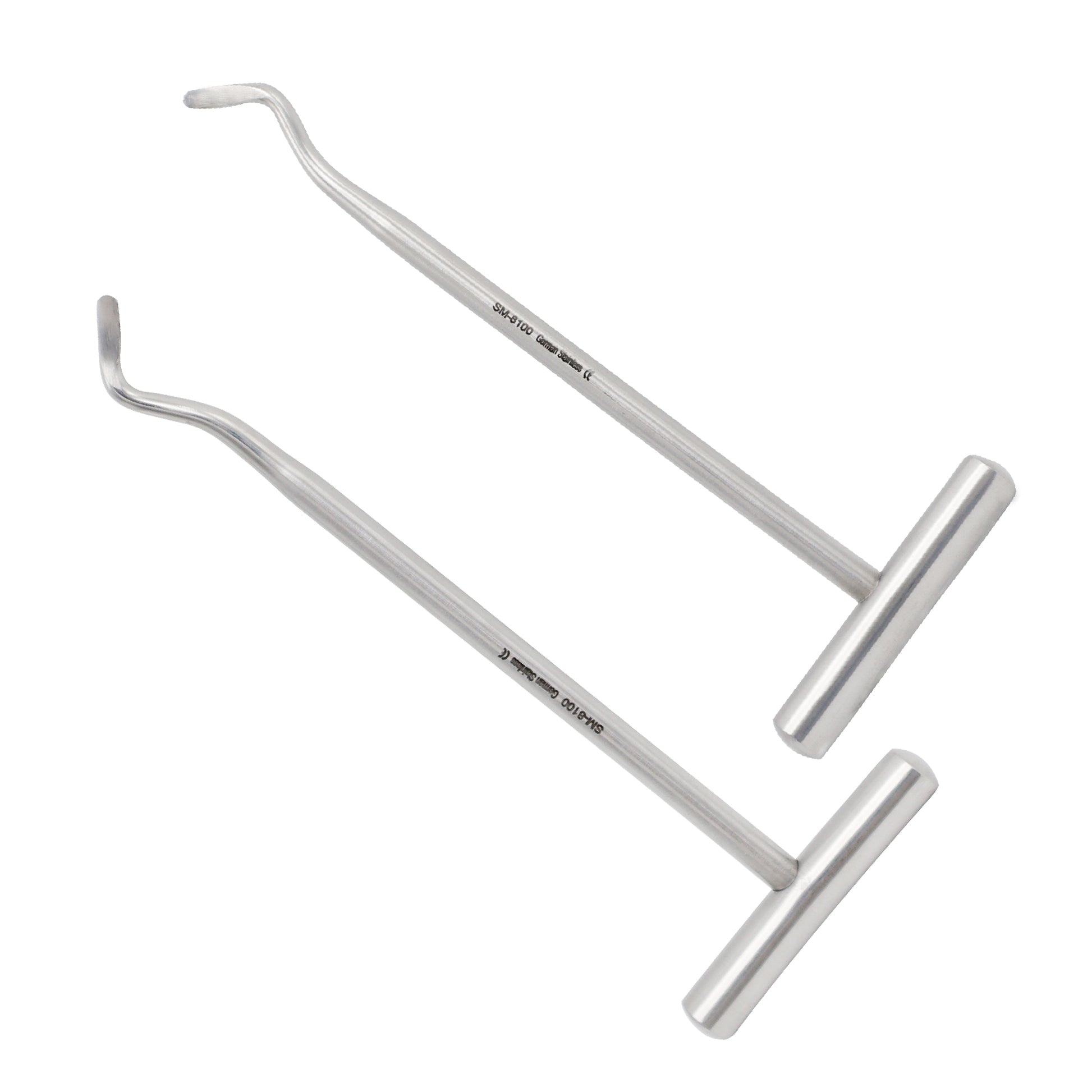 Pair of stainless steel Potts dental elevators with T-bar handles on a plain white background.