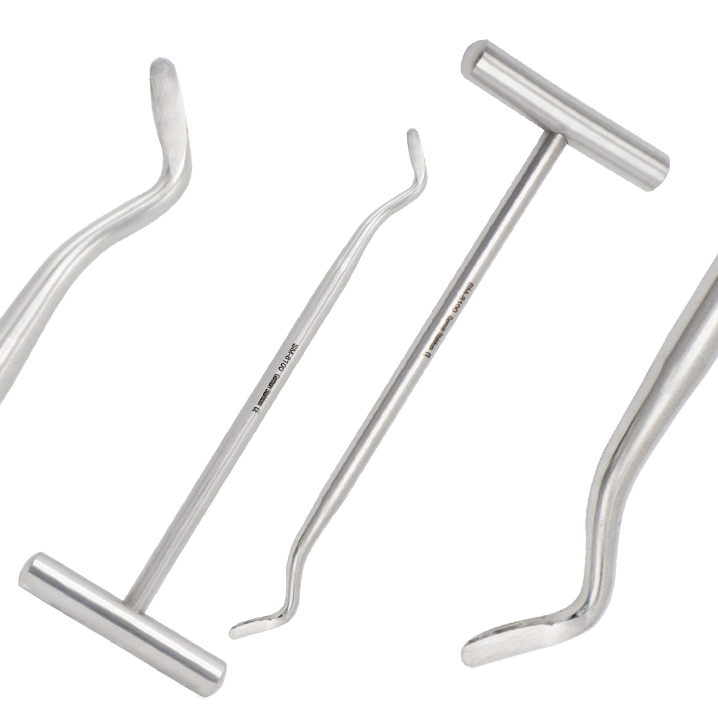 Three stainless steel surgical Potts elevators with T-bar handles and curved working tips for tooth extraction and surgical procedures.