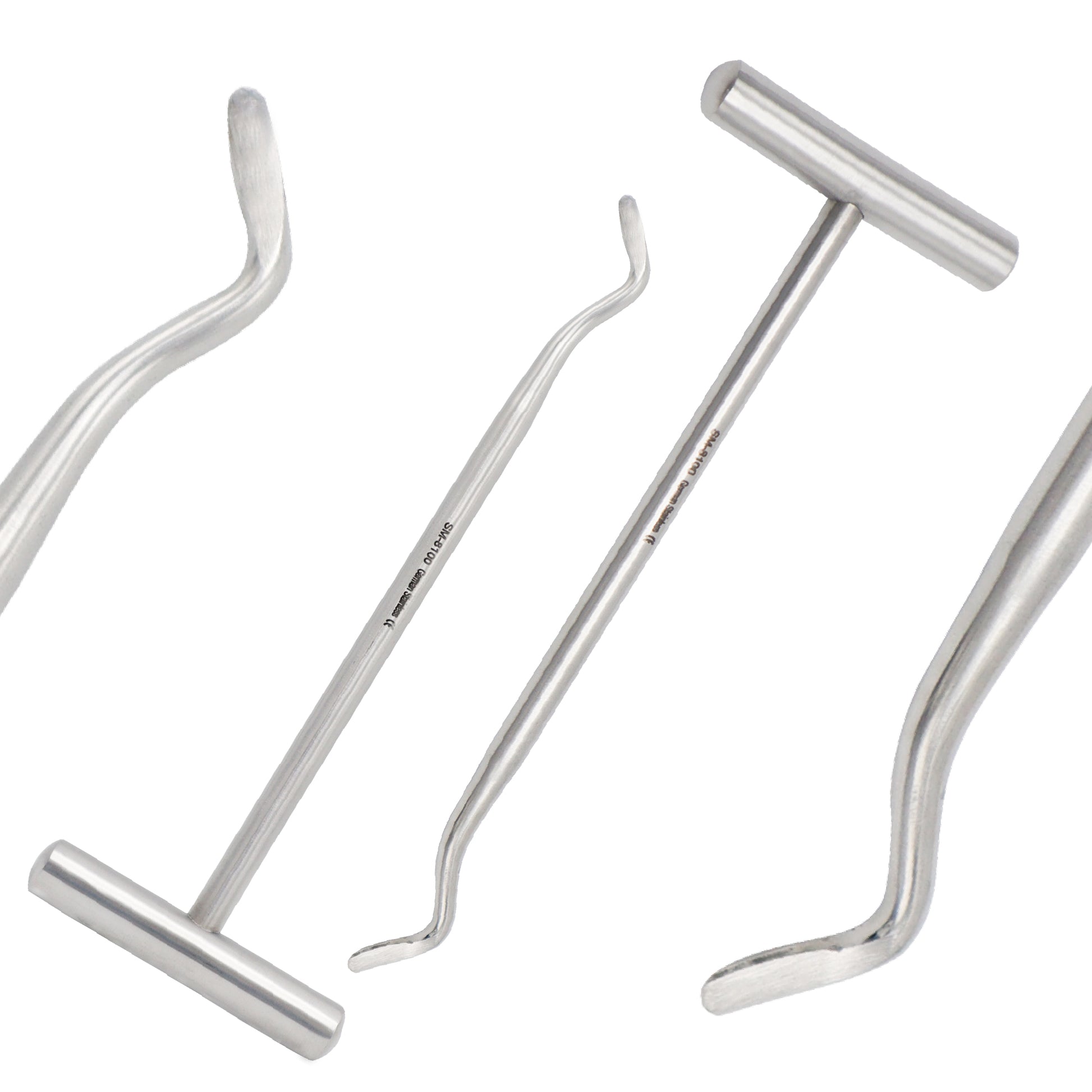 Three stainless steel surgical Potts elevators with T-bar handles and curved working tips for tooth extraction and surgical procedures.