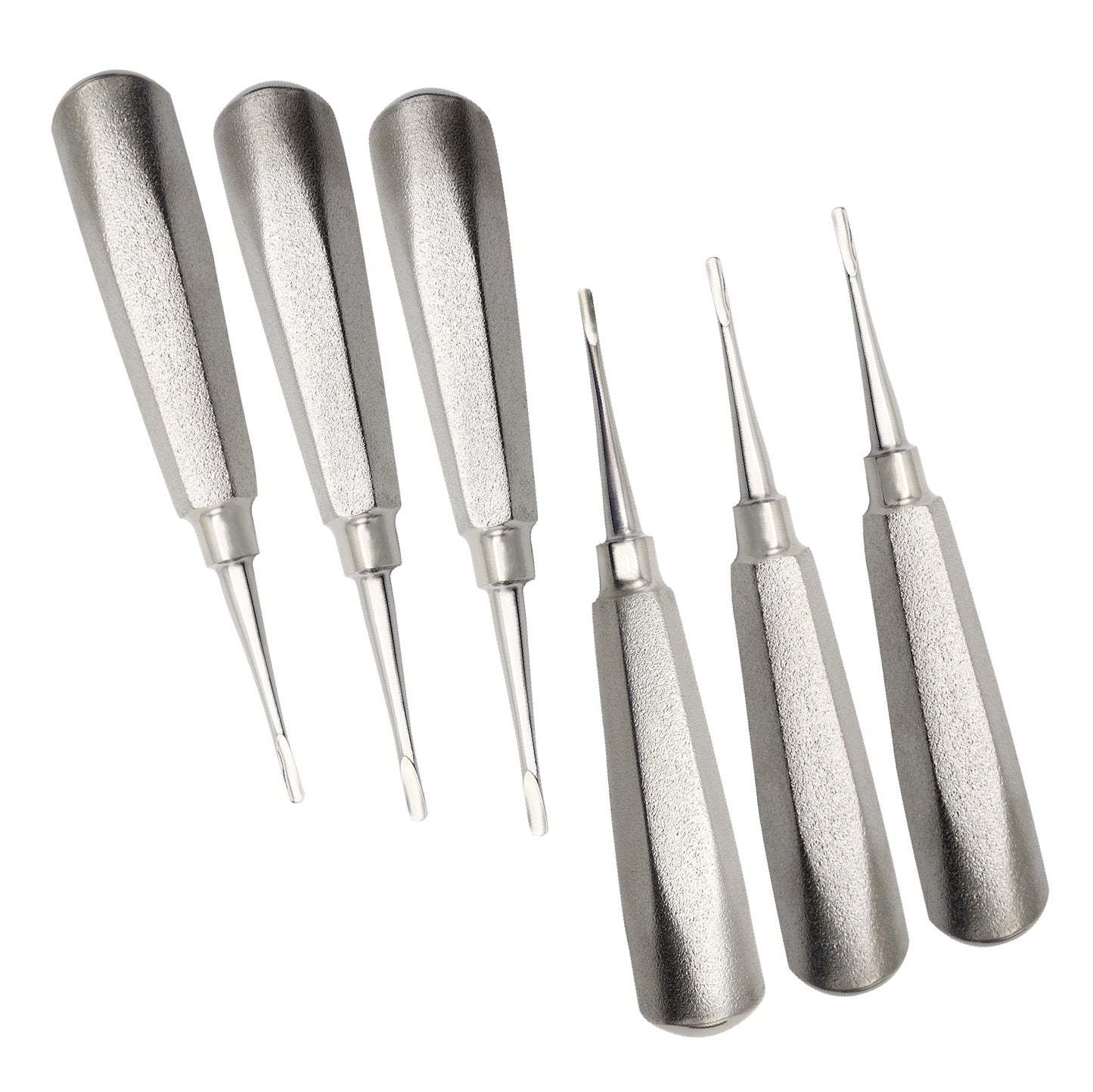 Set of six stainless steel dental root elevators with textured handles for tooth extraction.