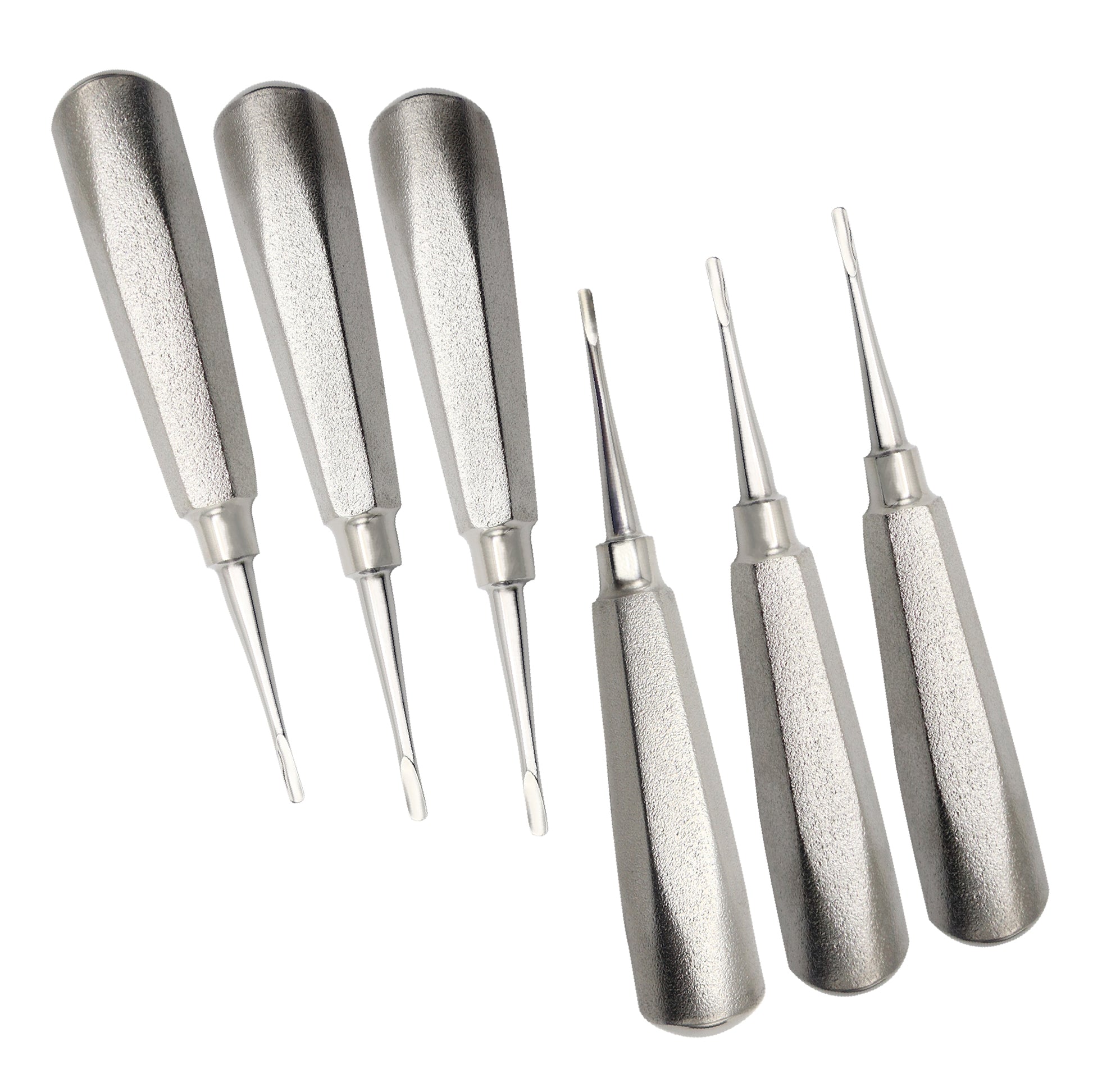 Set of six stainless steel dental root elevators with textured handles for tooth extraction.