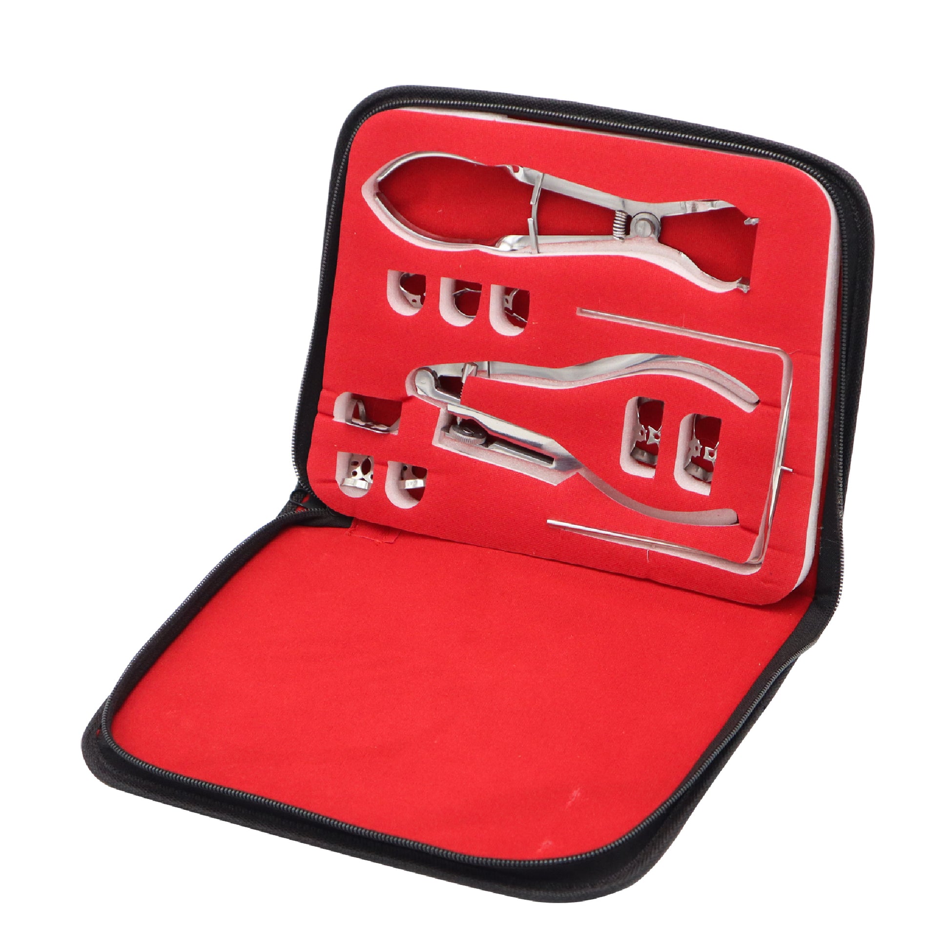 Dental rubber dam starter kit featuring professional stainless steel punch pliers, clamp forceps, a metal dam frame, and assorted tooth clamps organized inside a zippered red and black protective storage case.