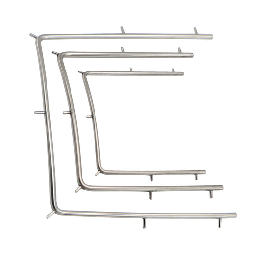 Set of three stainless steel Hager-style dental rubber dam frames in small, medium, and large sizes with built-in anchoring pins.