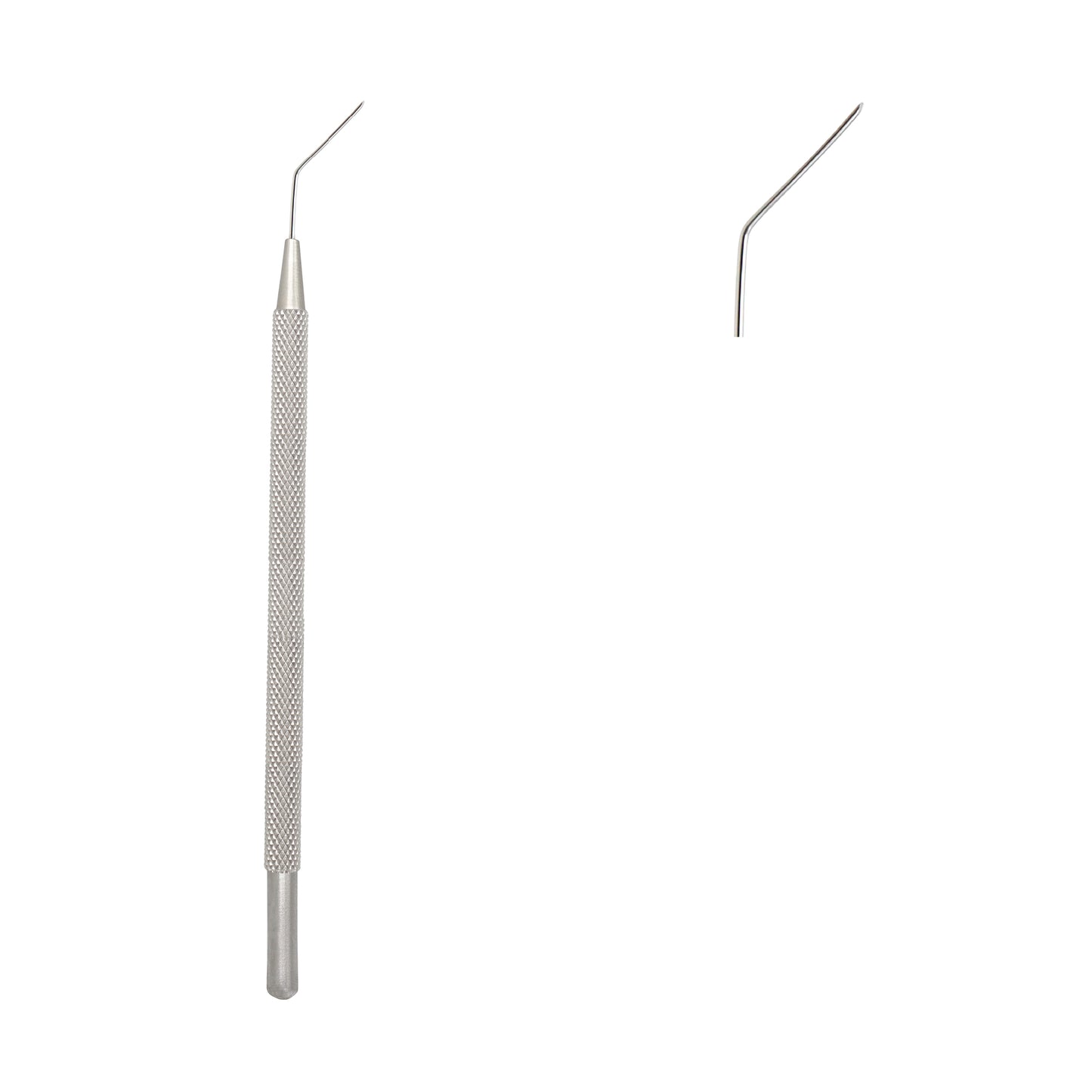 A stainless steel dental endodontic vertical plugger with a textured handle and a thin, angled tip, shown alongside a close-up of the tip.