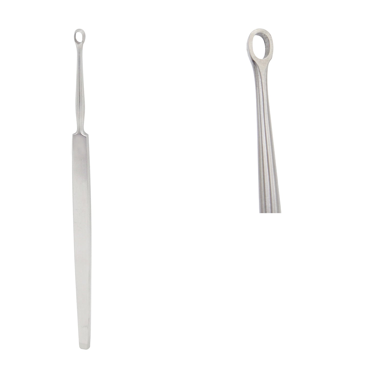 Professional Fox dermal curette medical tool featuring a flat stainless steel handle and a small round loop tip on a plain white background.