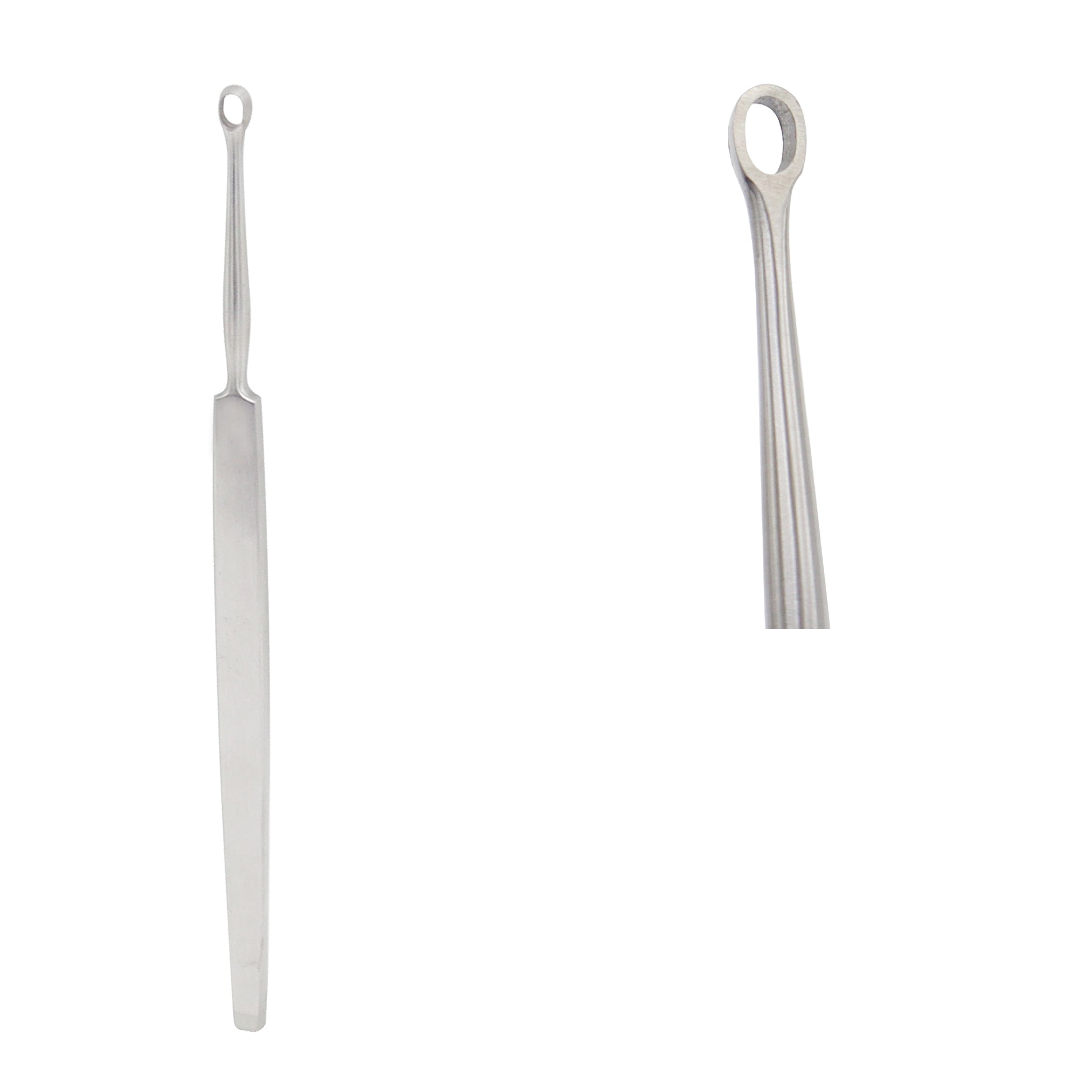 Professional Fox dermal curette medical tool featuring a flat stainless steel handle and a small round loop tip on a plain white background.