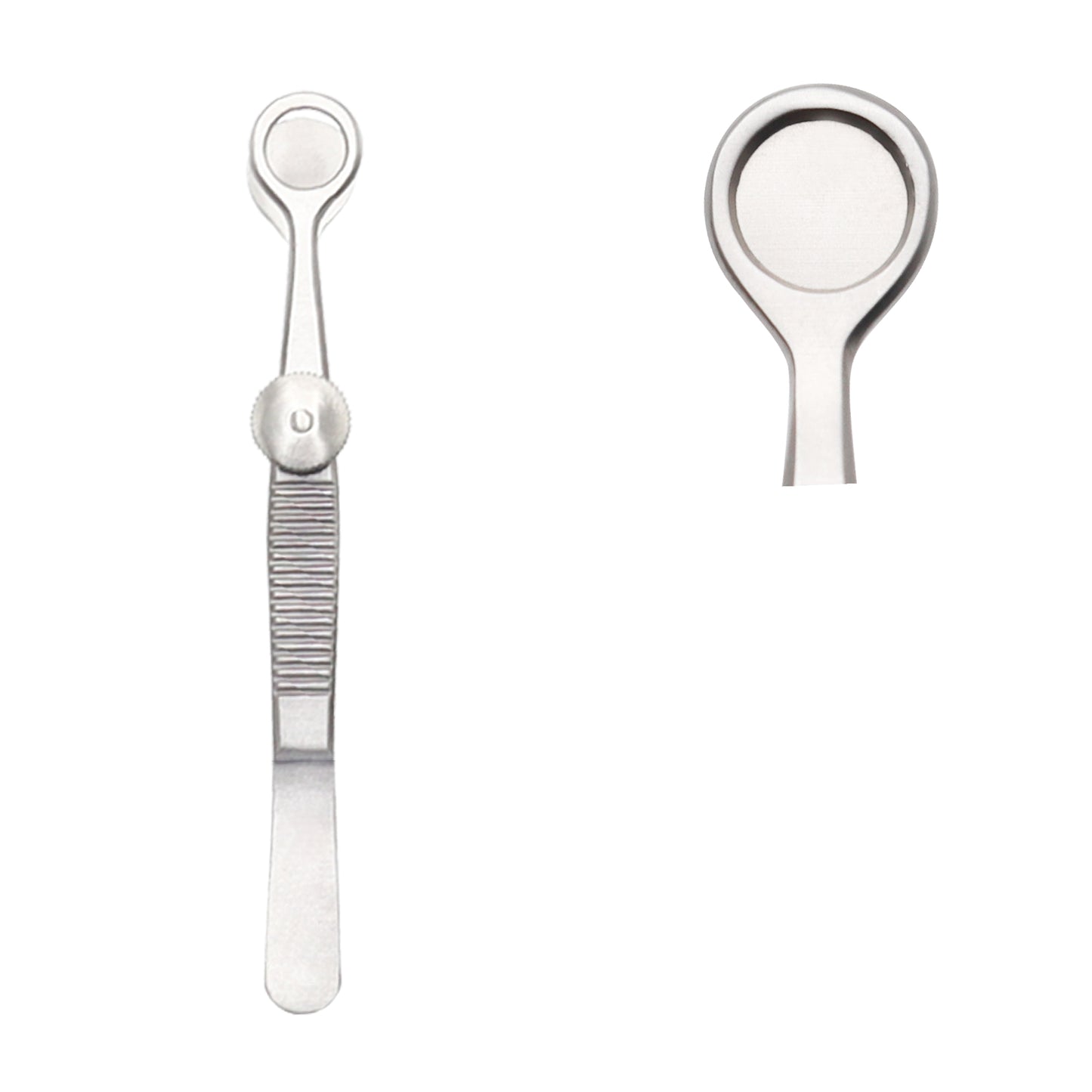 Stainless steel Desmarres chalazion forceps featuring a solid circular plate, a matching open ring plate, and a thumb-screw locking mechanism for eyelid surgery.