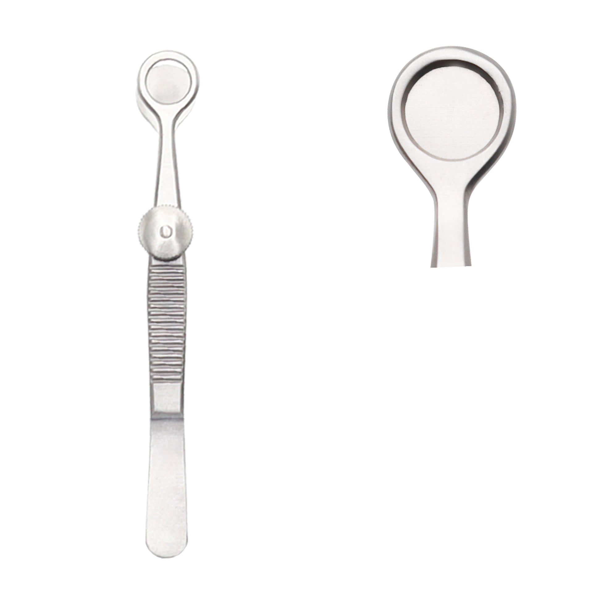 Stainless steel Desmarres chalazion forceps featuring a solid circular plate, a matching open ring plate, and a thumb-screw locking mechanism for eyelid surgery.